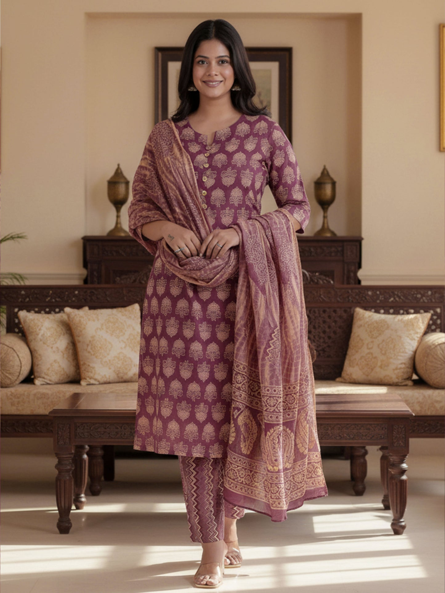 Soft Cotton Floral A-line Burnt Pink Kurta