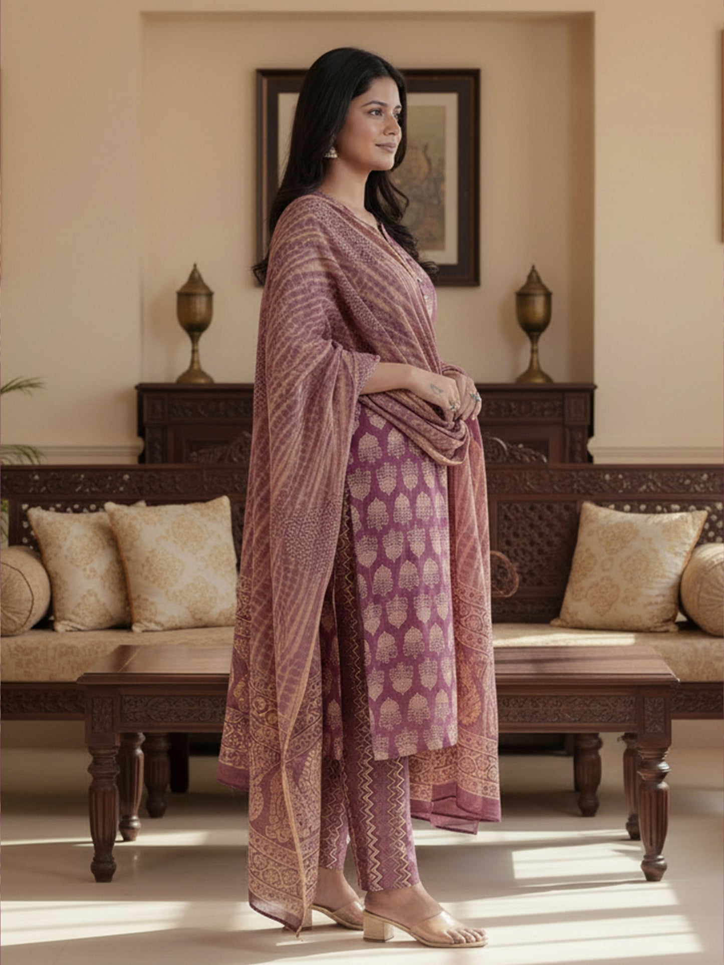 Soft Cotton Floral A-line Burnt Pink Kurta