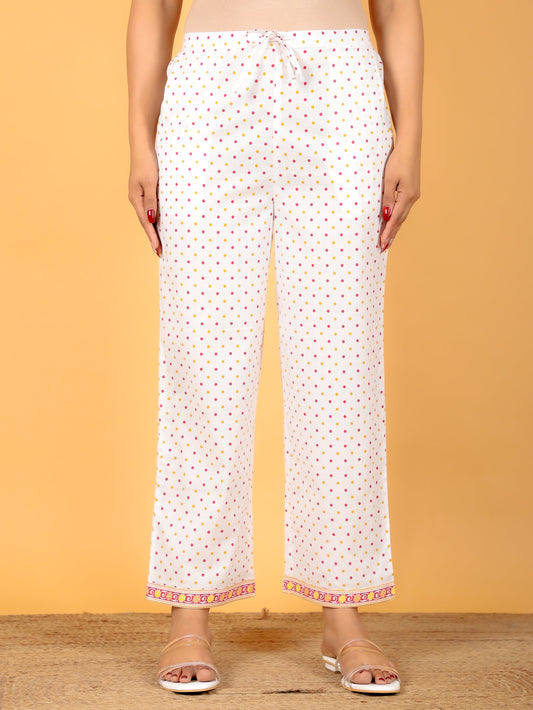 Soft Cotton Abstract White Straight Trousers