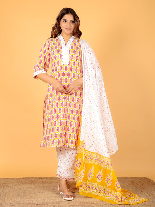 Soft Cotton Geometric Straight Pink Kurta