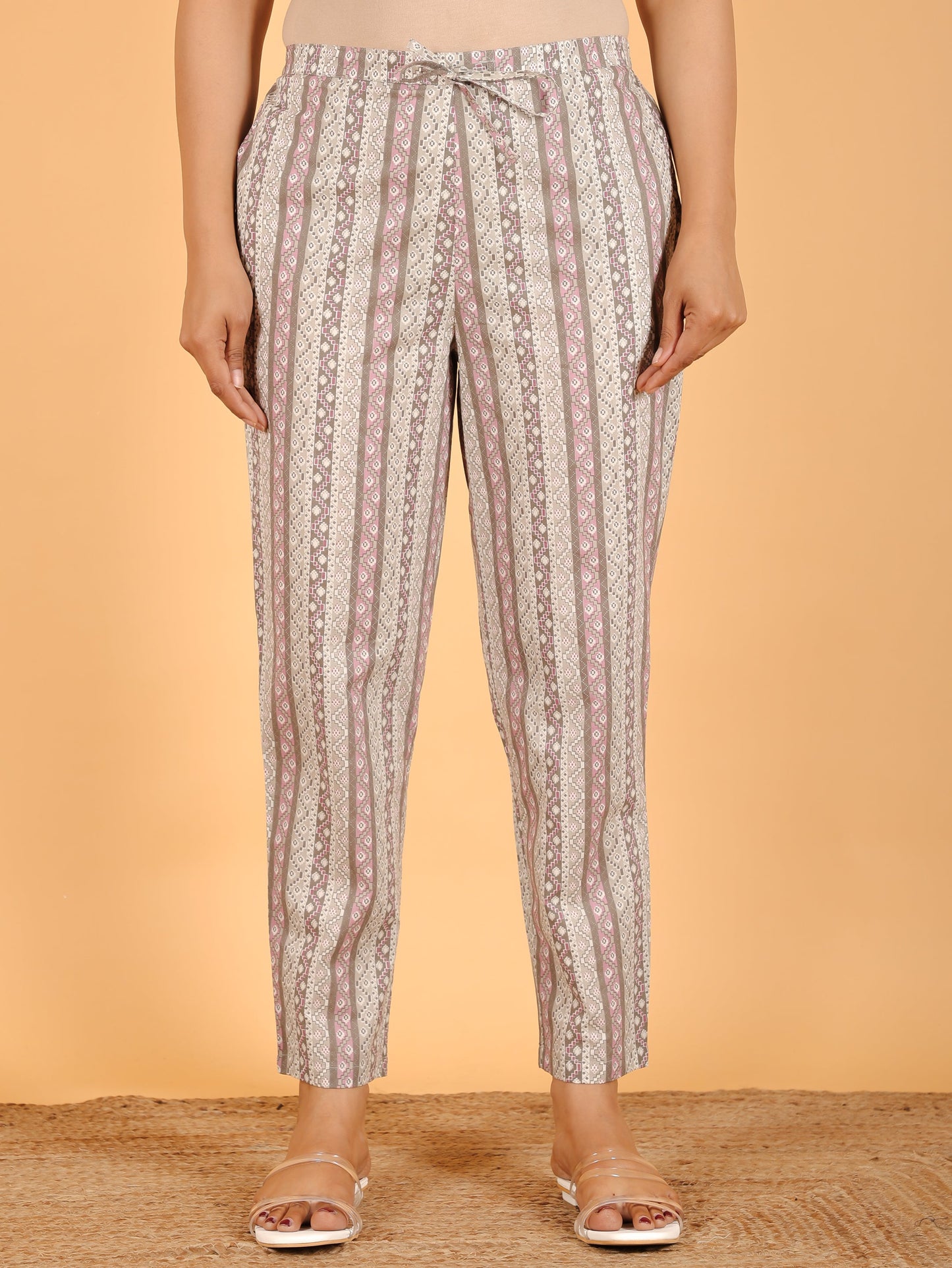 Soft Cotton Striped Pink Tapered Trousers