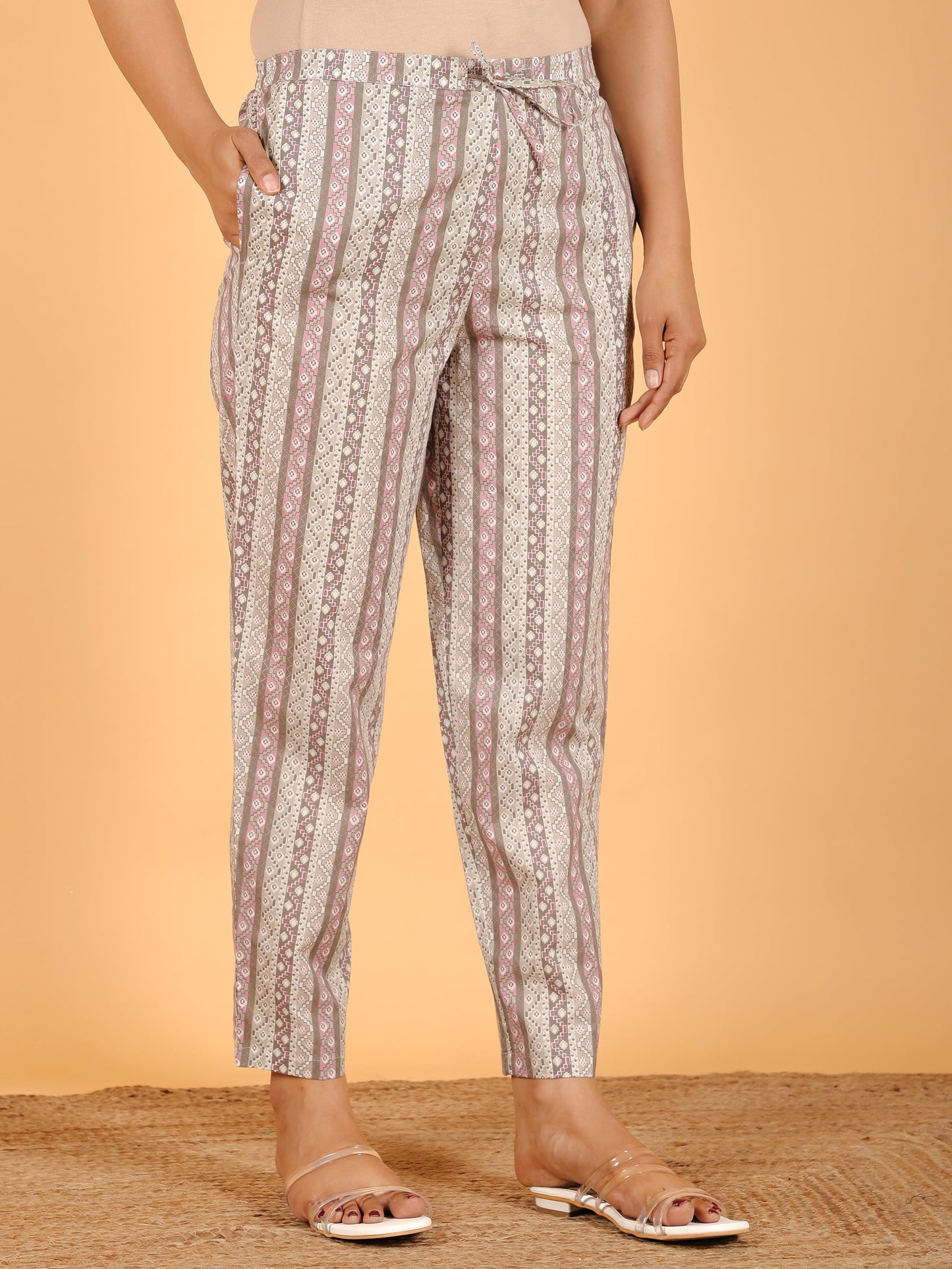 Soft Cotton Striped Pink Tapered Trousers