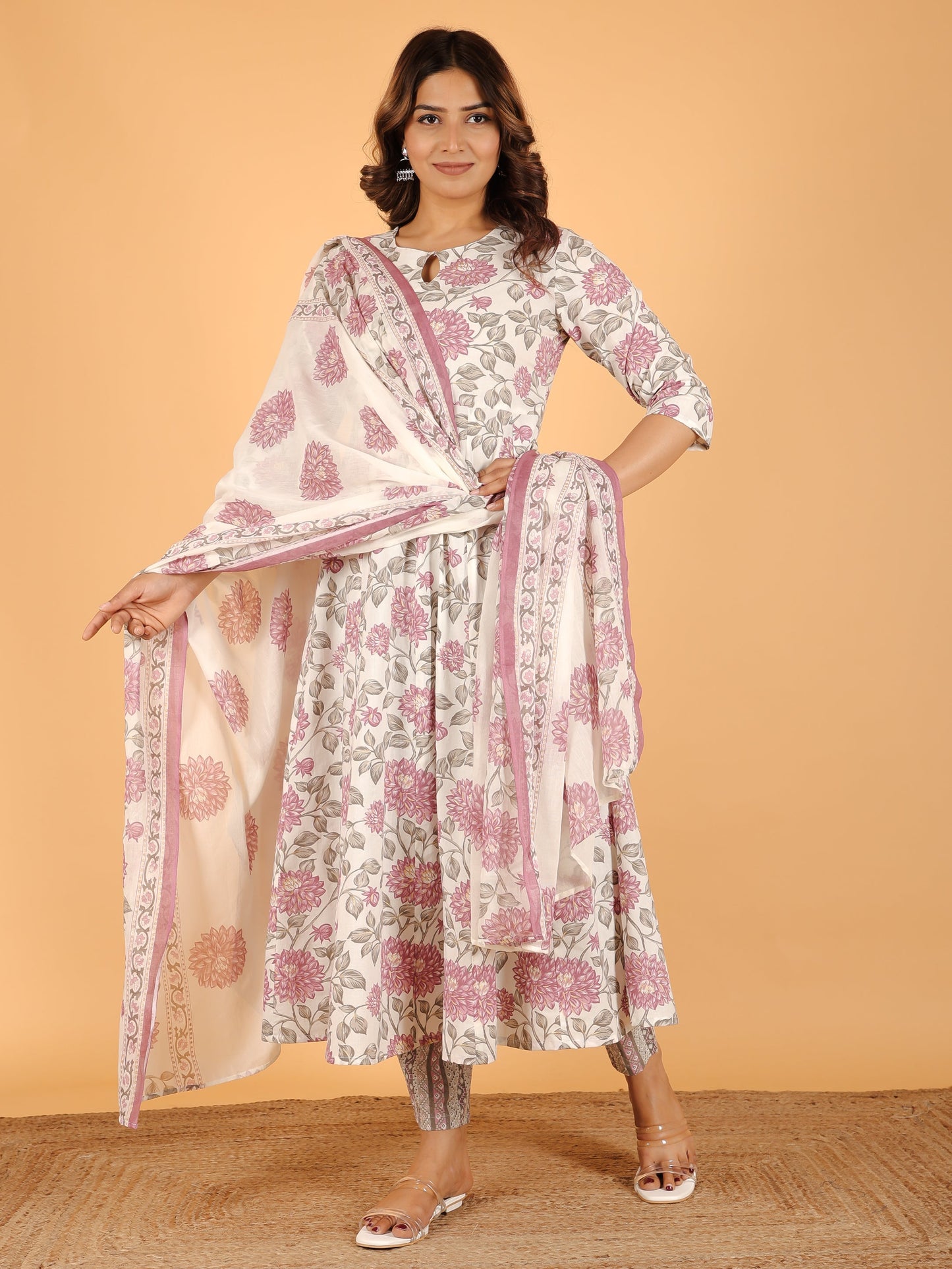 Soft Cotton Floral Flared Pink Kurta