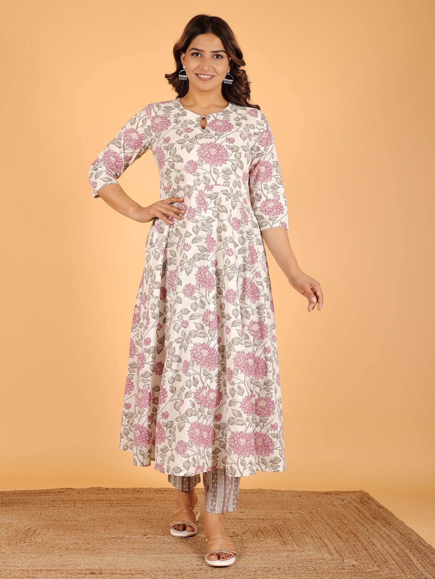 Soft Cotton Floral Flared Pink Kurta