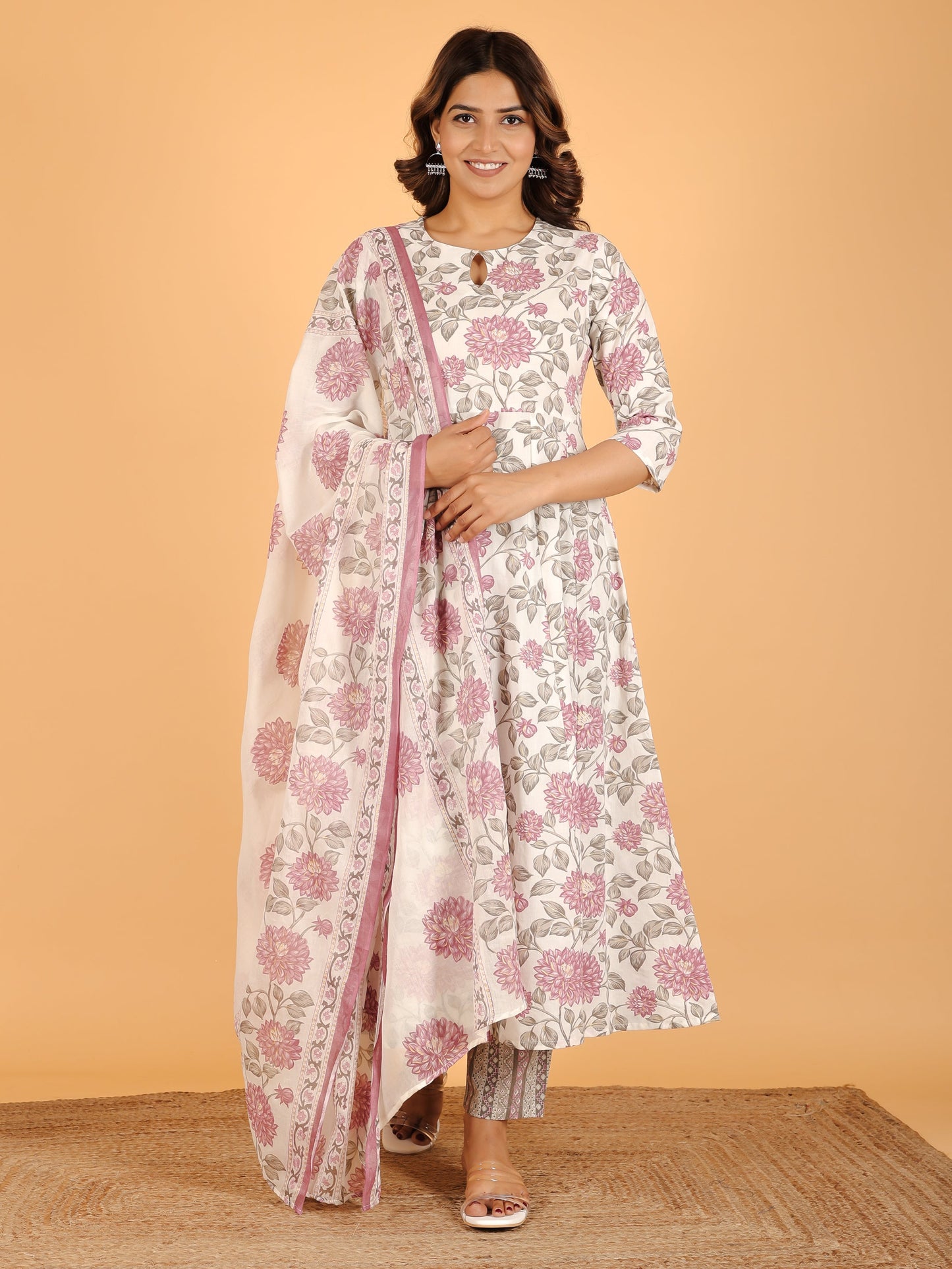 Soft Cotton Floral Flared Pink Kurta