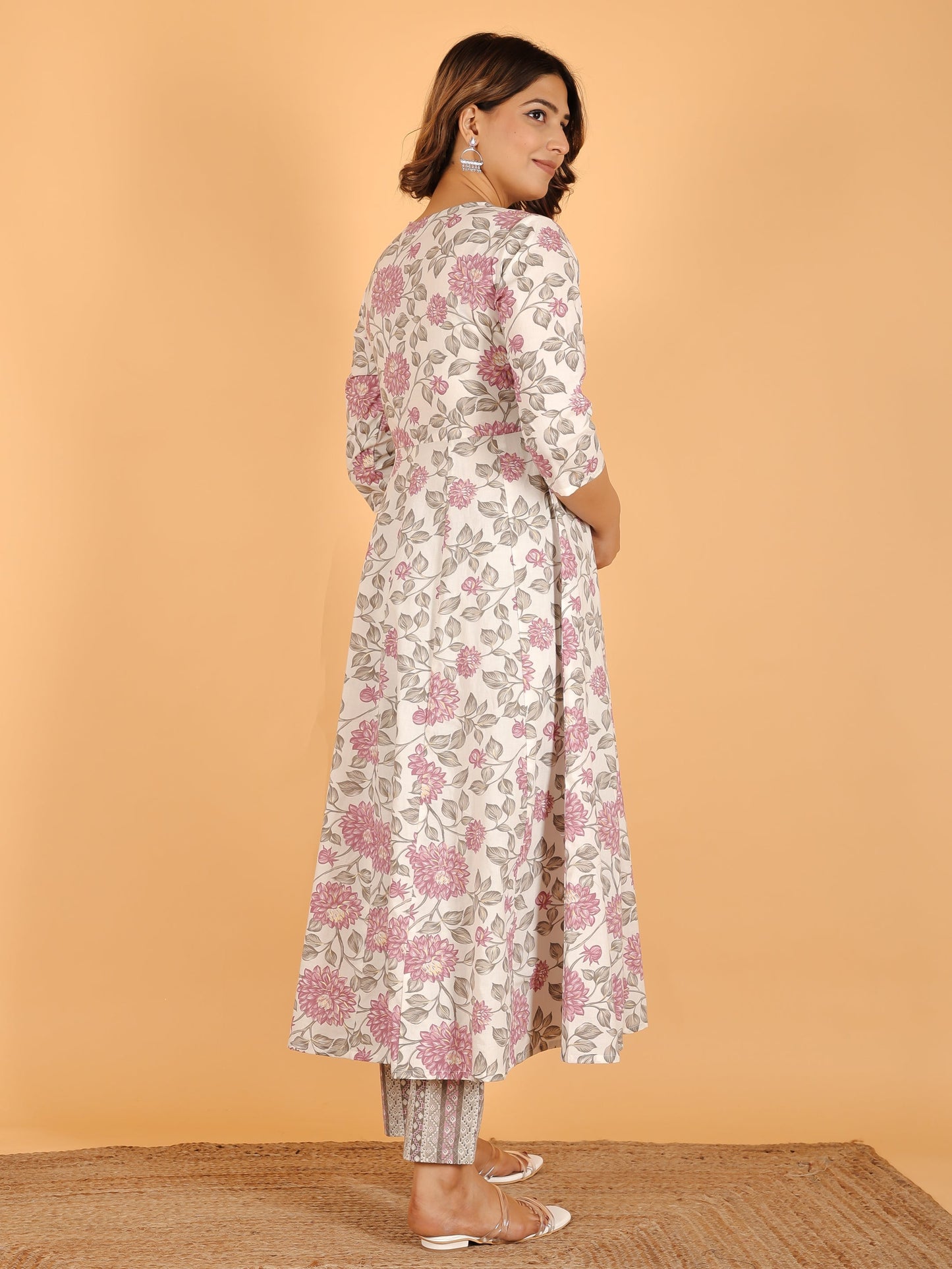 Soft Cotton Floral Flared Pink Kurta