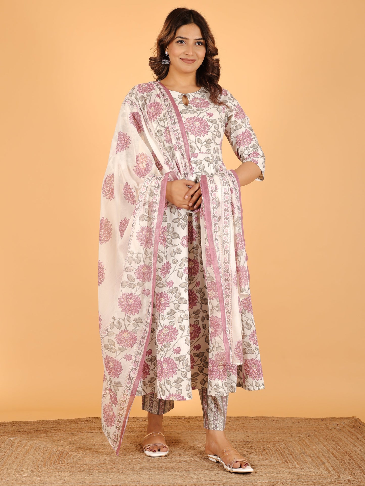 Soft Cotton Floral Flared Pink Kurta