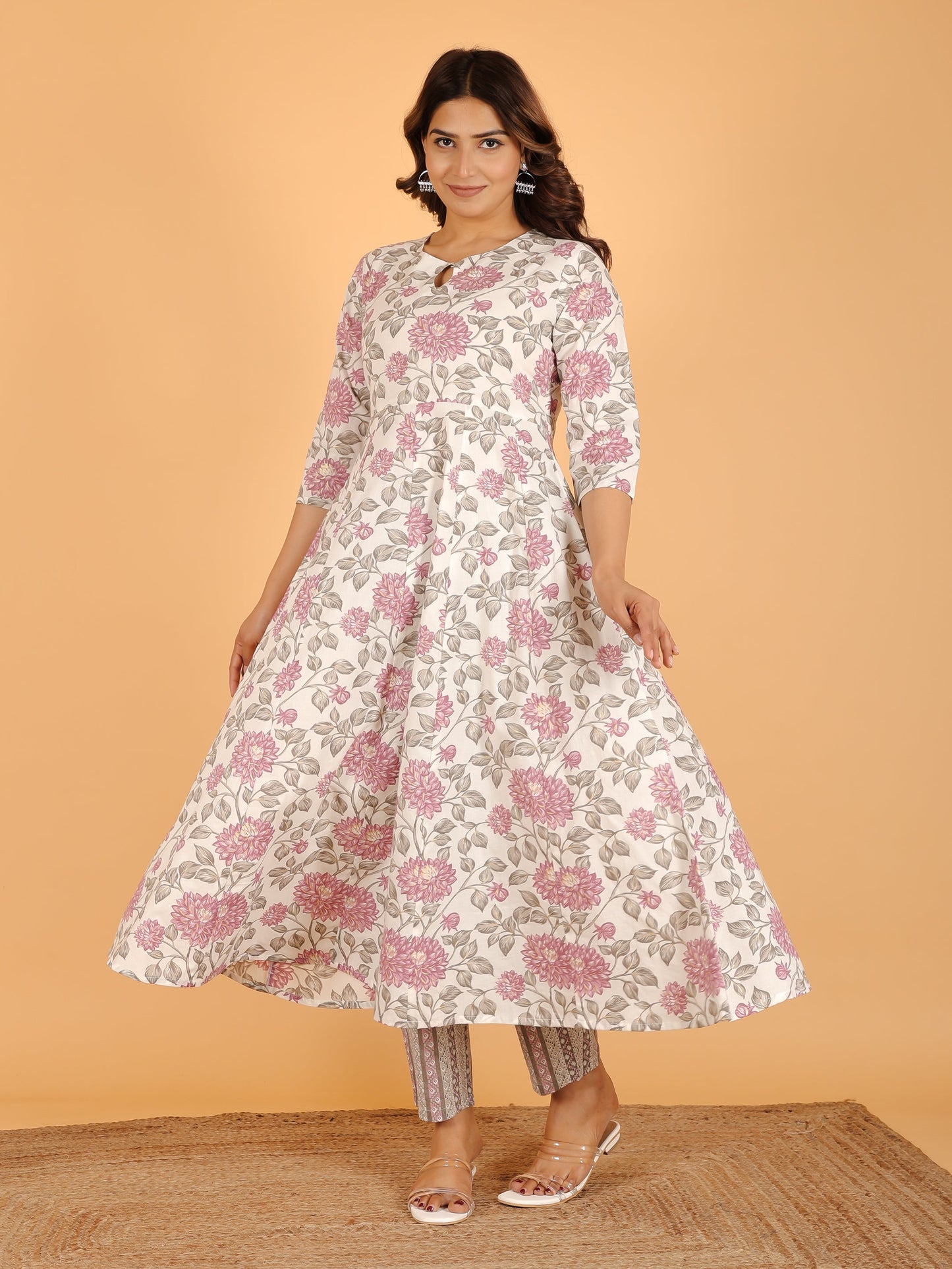 Soft Cotton Floral Flared Pink Kurta