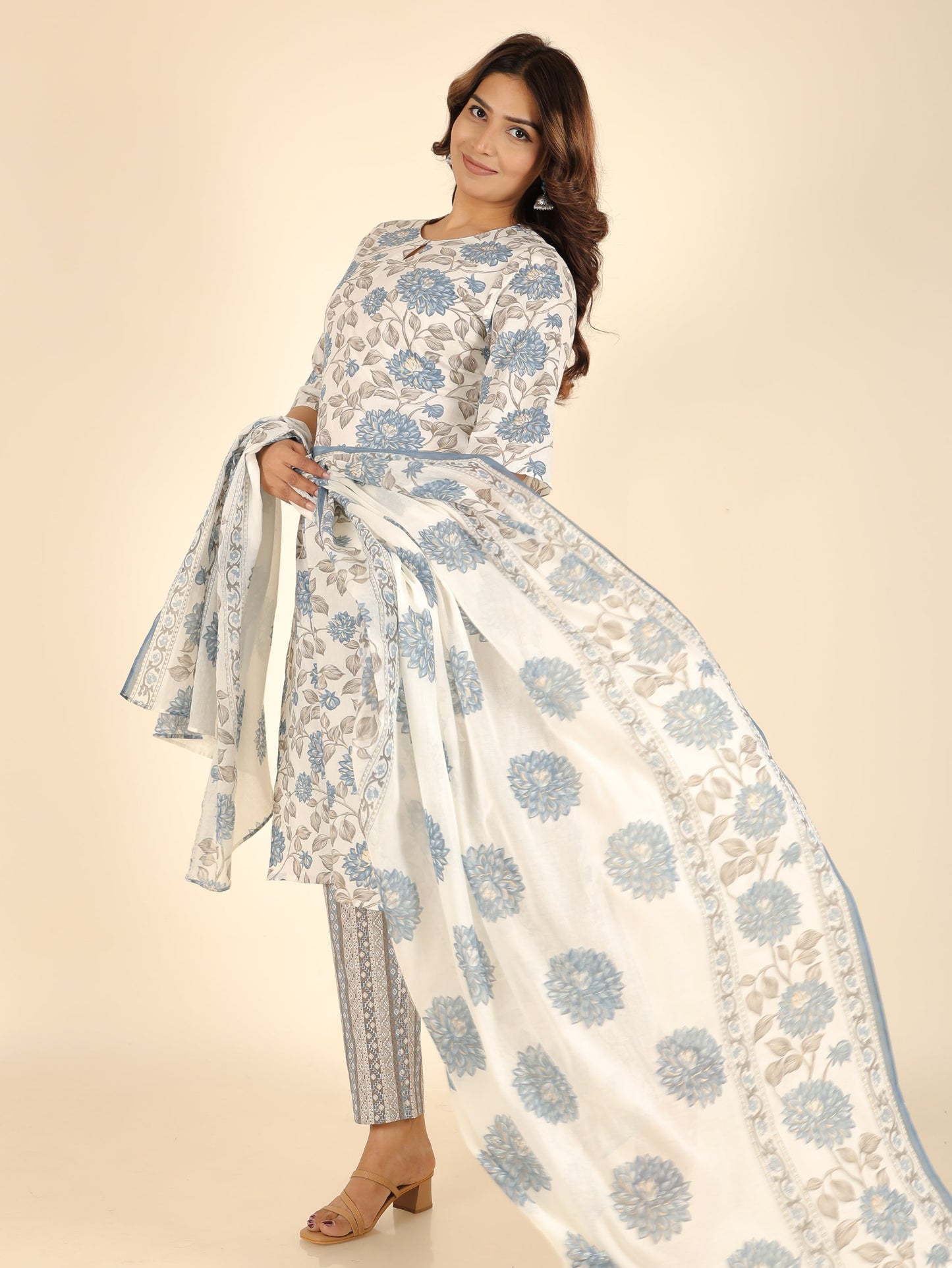 Soft Cotton Floral Straight Blue Kurta