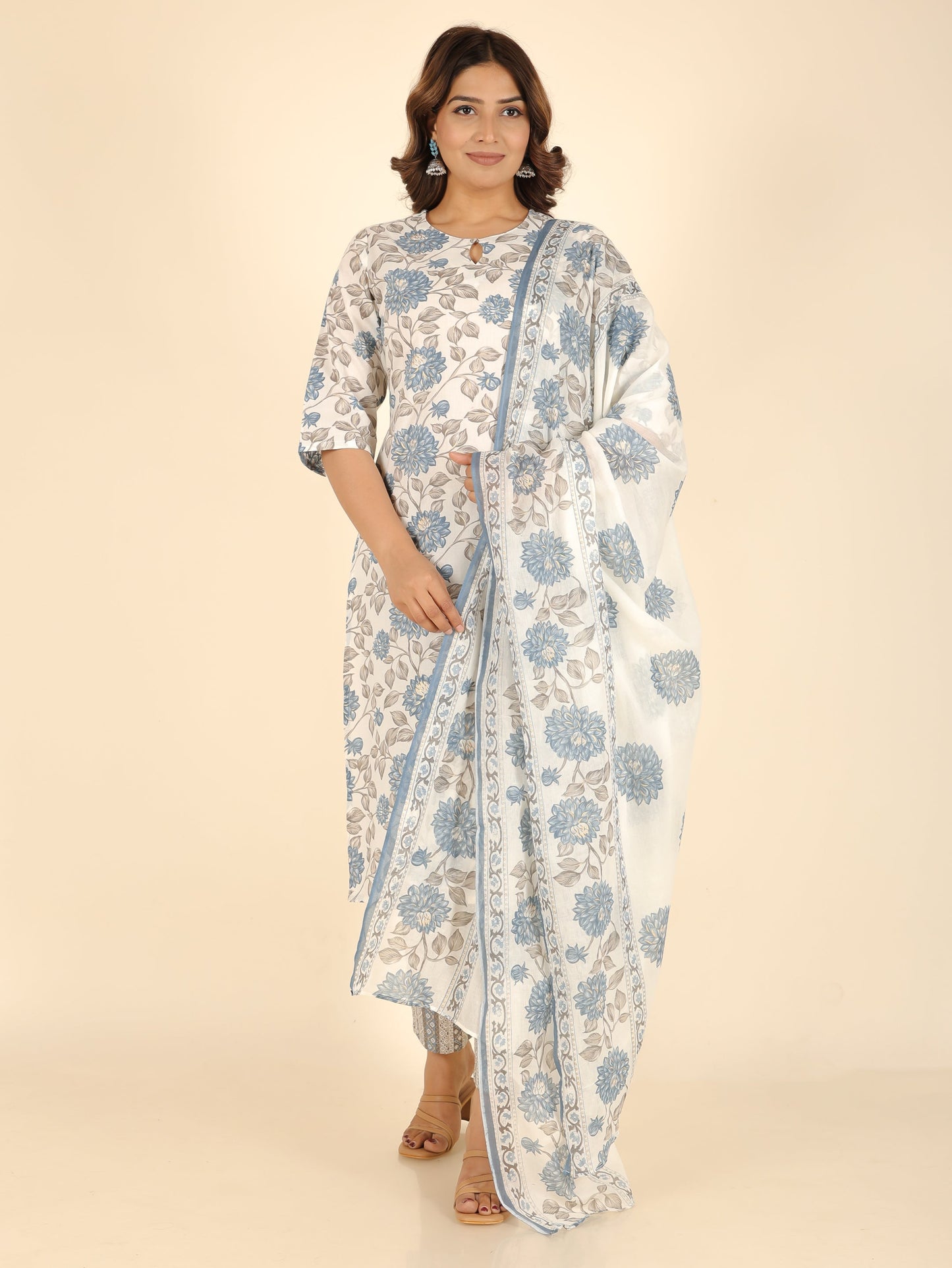 Soft Cotton Floral Straight Blue Kurta