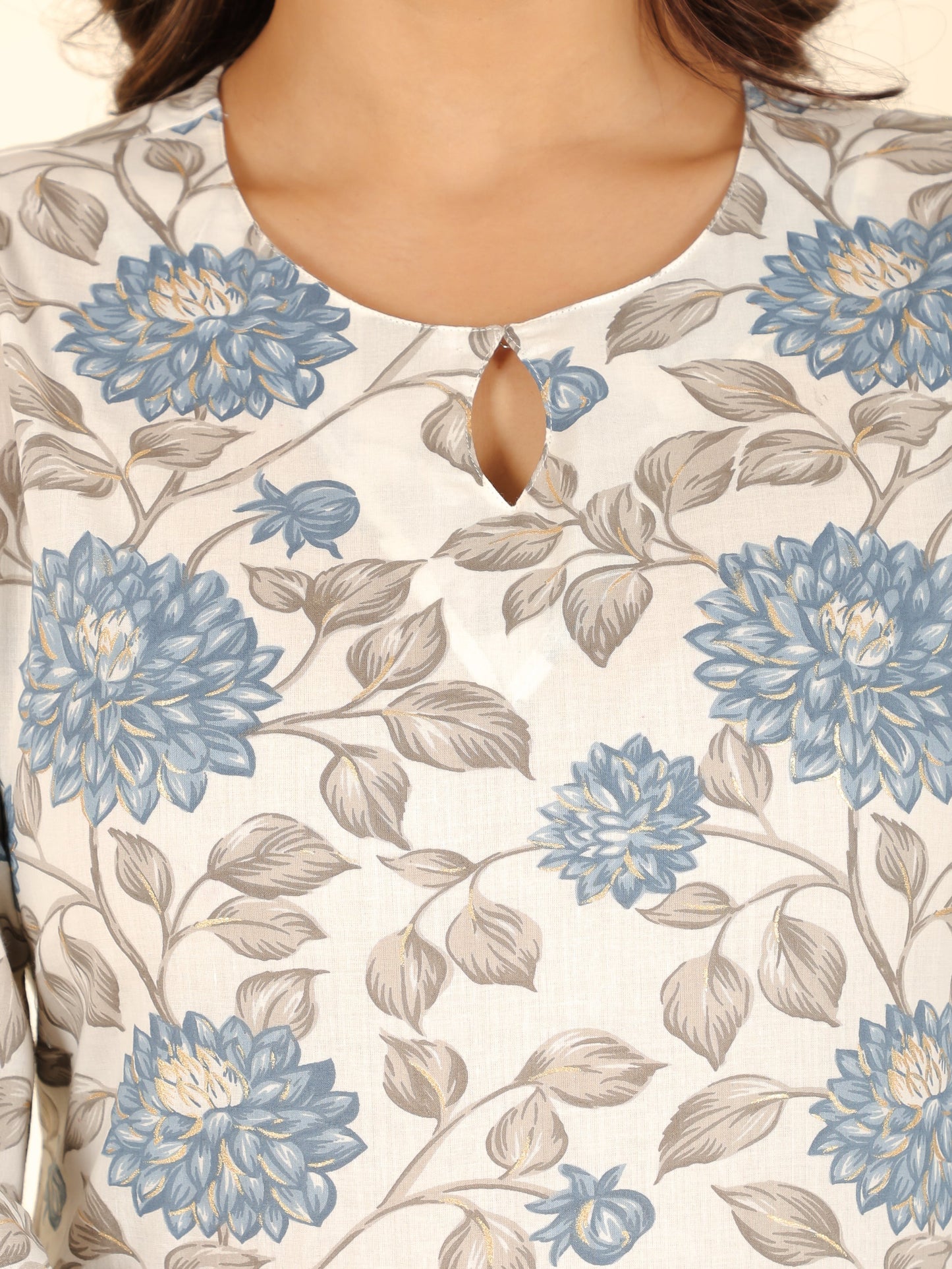 Soft Cotton Floral Straight Blue Kurta
