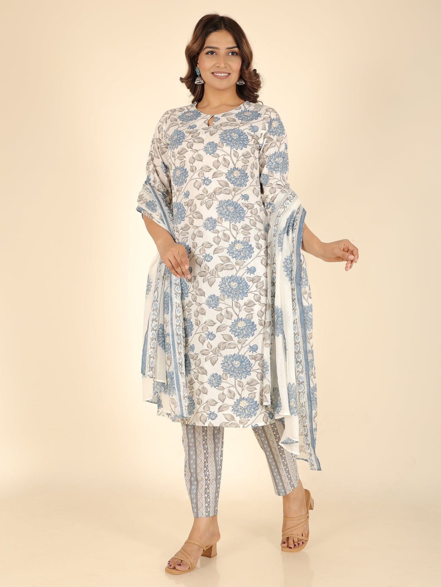 Soft Cotton Floral Straight Blue Kurta