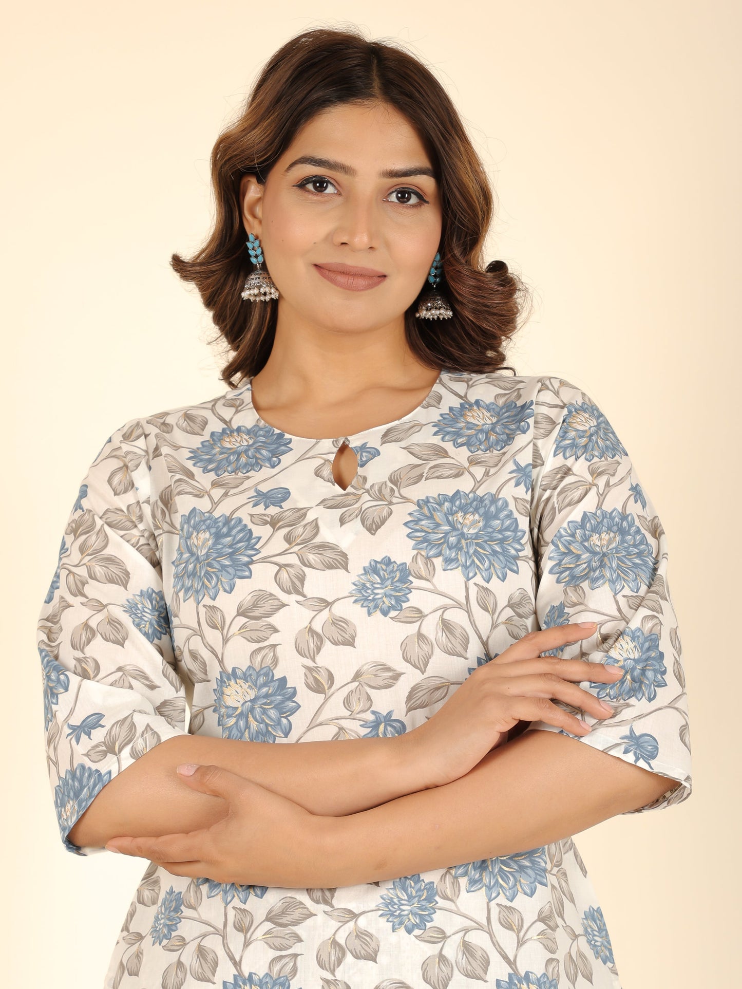 Soft Cotton Floral Straight Blue Kurta