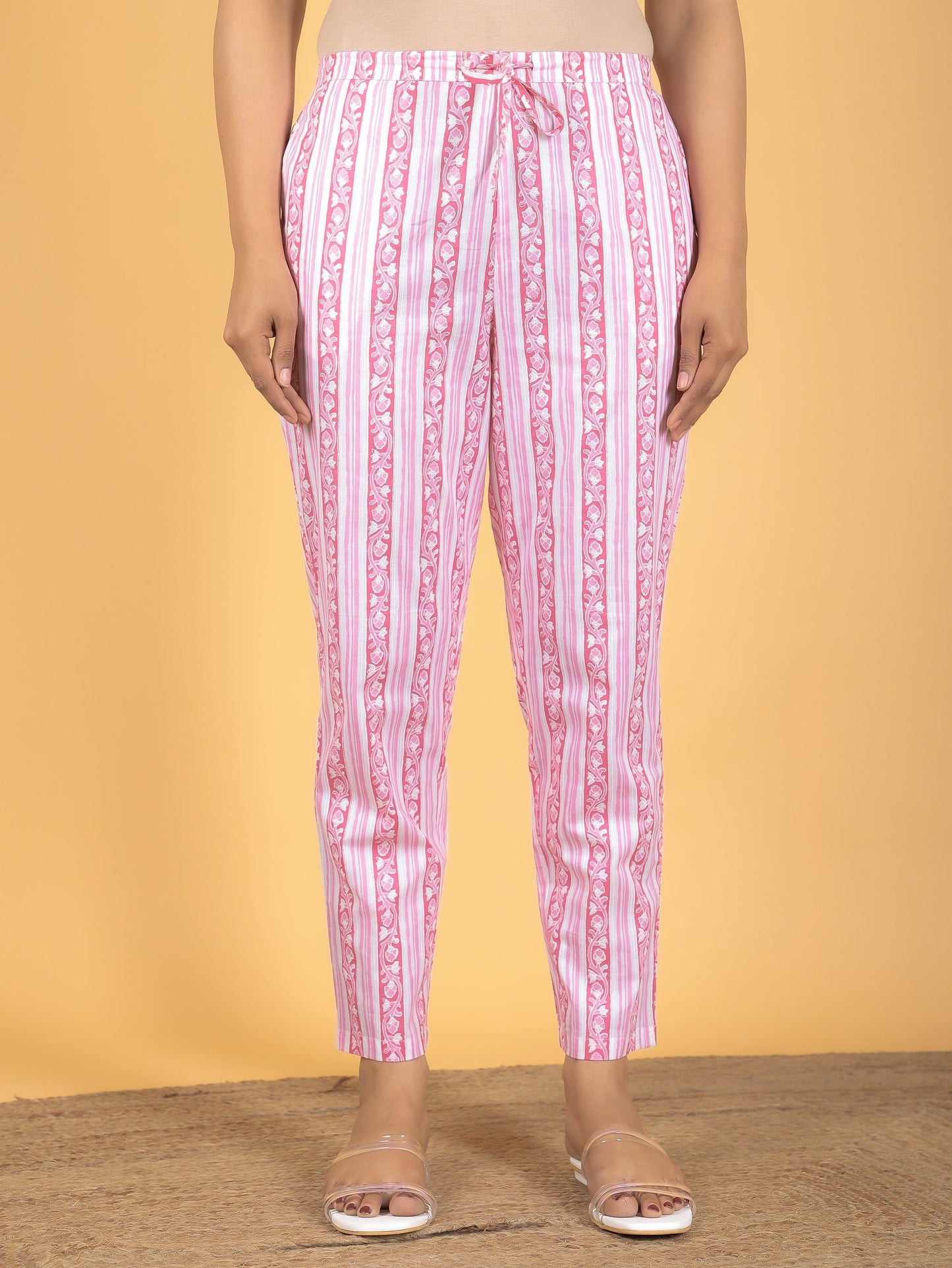 Soft Cotton Striped Pink Tapered Trousers