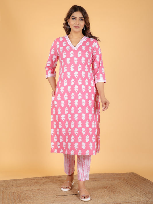 Soft Cotton Floral Straight Pink Kurta