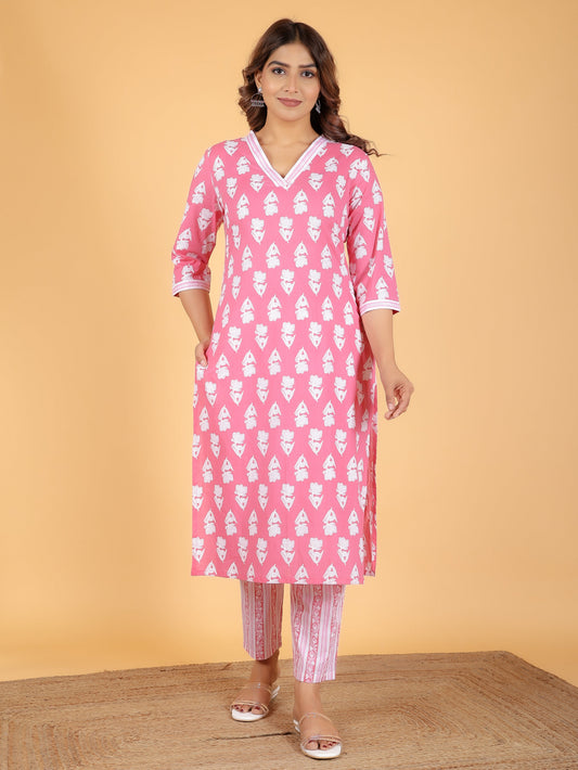 Soft Cotton Floral Straight Pink Kurta