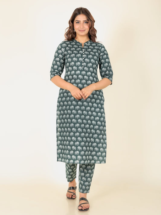 Soft Cotton Animal Straight Green Kurta
