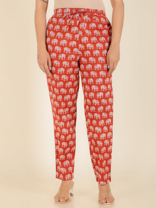Soft Cotton Animal Red Tapered Trousers