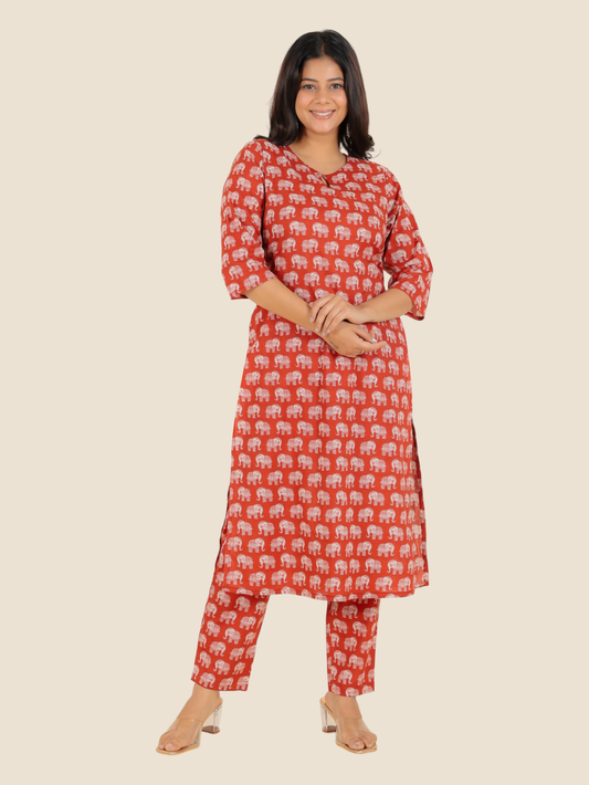Soft Cotton Animal Straight Red Kurta