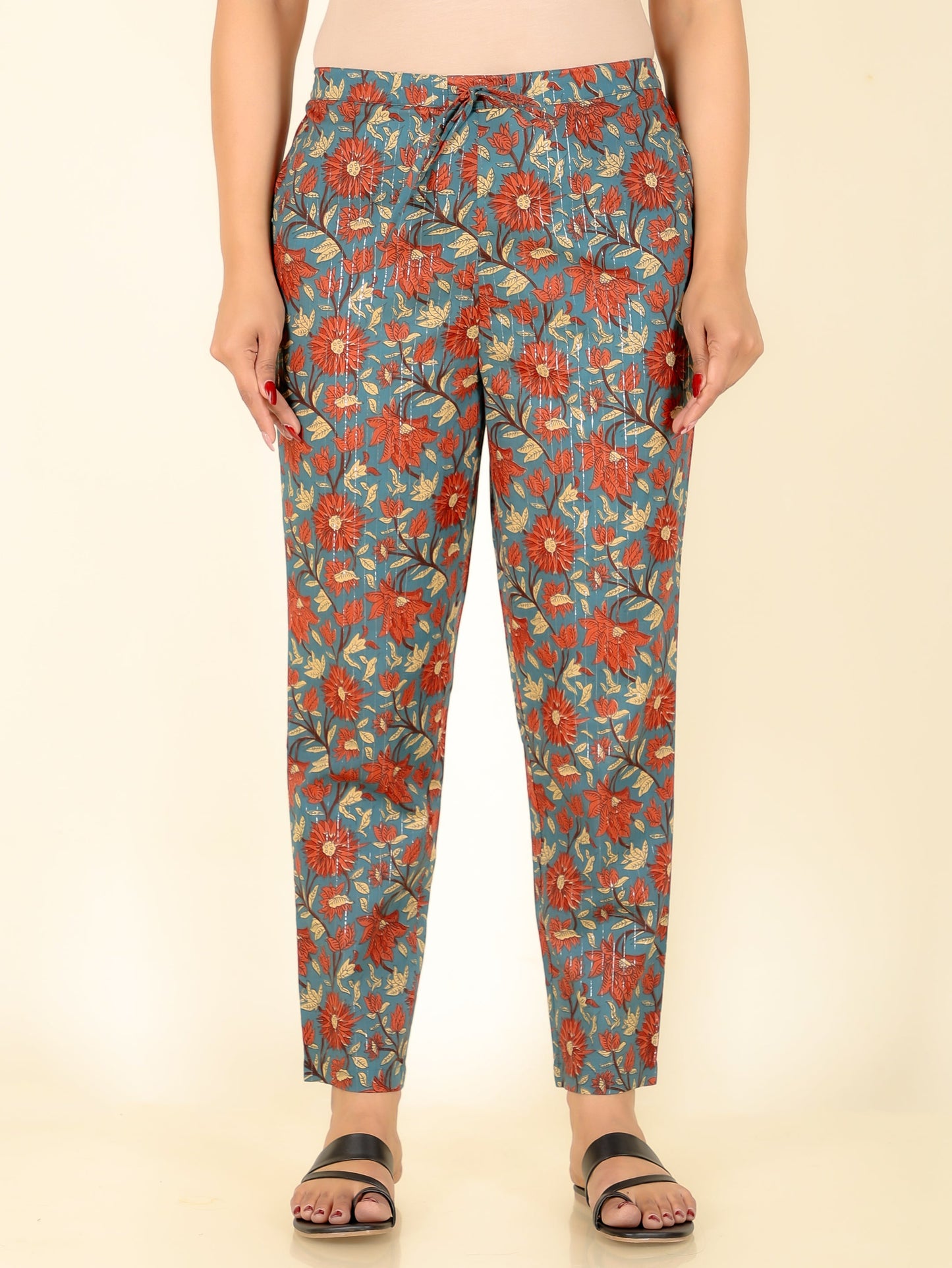 Lurex Cotton Floral Brown Tapered Trousers