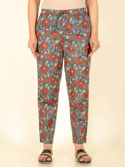 Lurex Cotton Floral Brown Tapered Trousers
