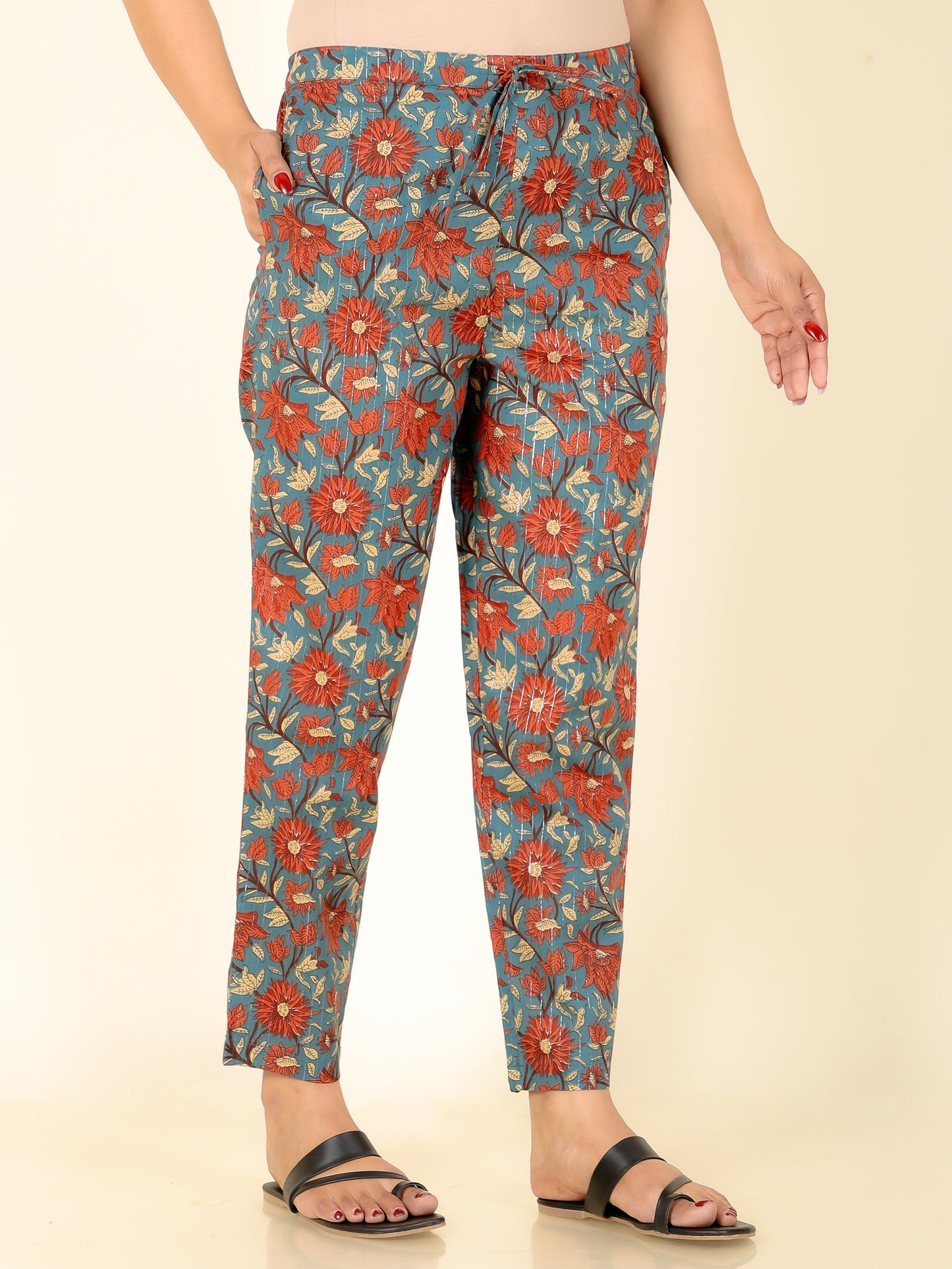 Lurex Cotton Floral Brown Tapered Trousers