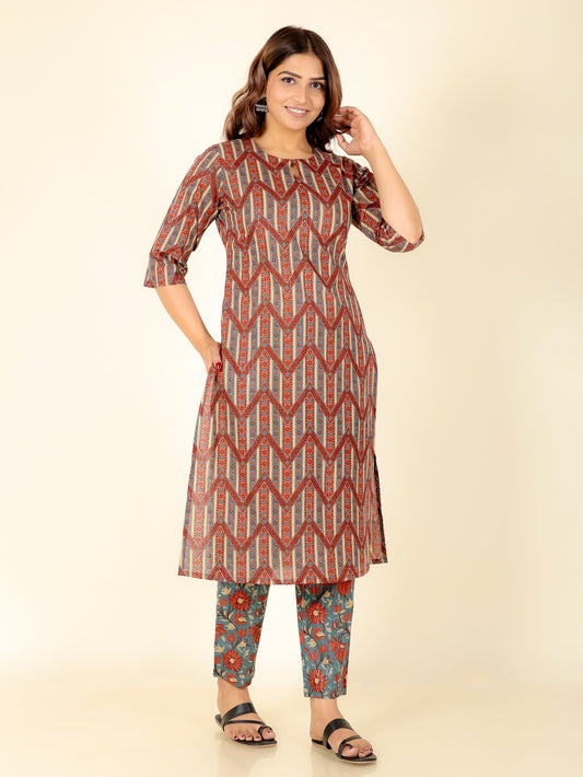 Lurex Cotton Chevron Straight Brown Kurta