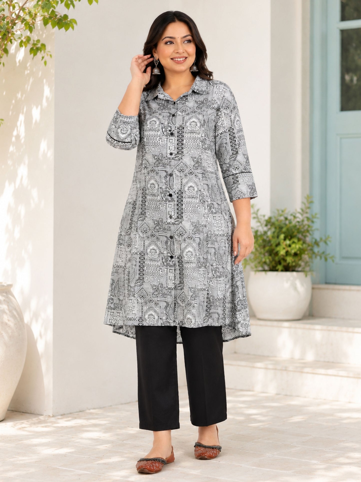 Soft Cotton Patchwork High Low Blue Kurta