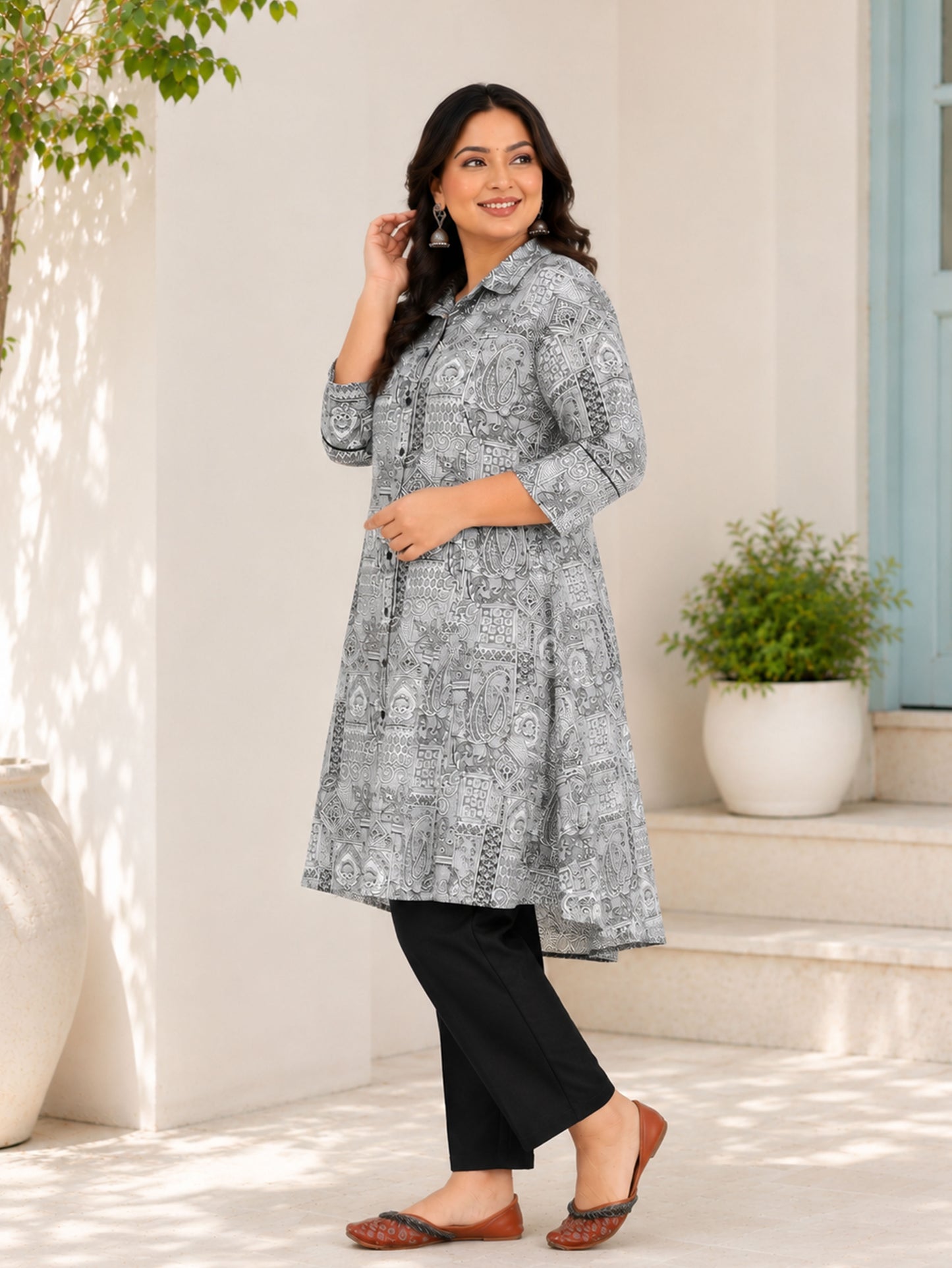 Soft Cotton Patchwork High Low Blue Kurta