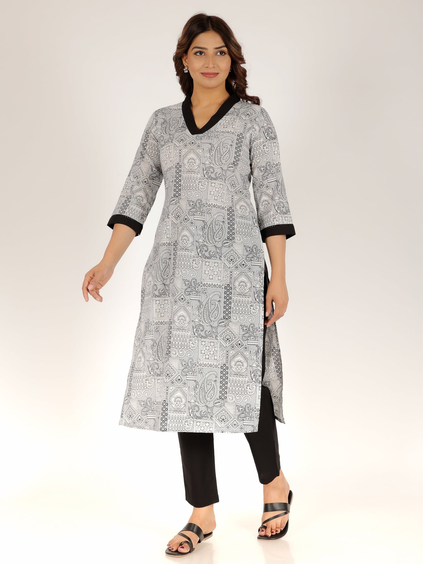 Soft Cotton Patchwork Straight Black Kurta
