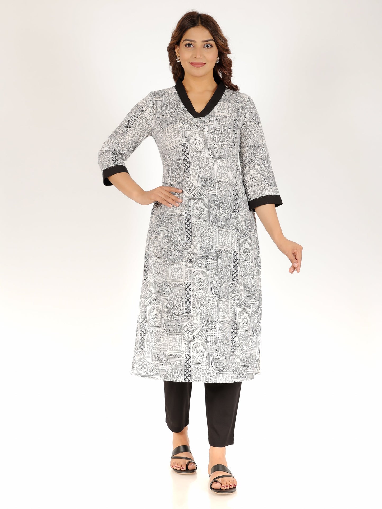Soft Cotton Patchwork Straight Black Kurta