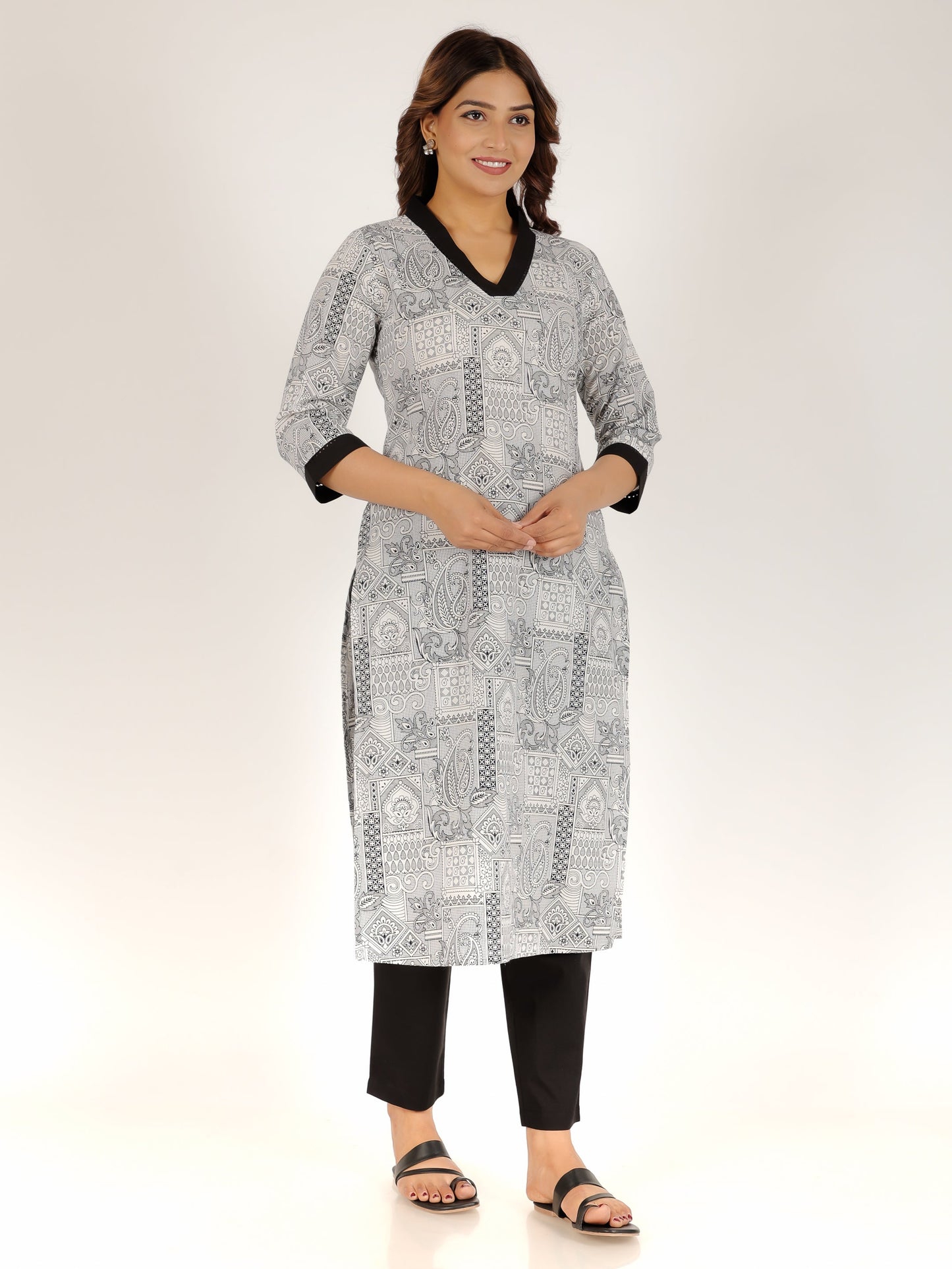 Soft Cotton Patchwork Straight Black Kurta