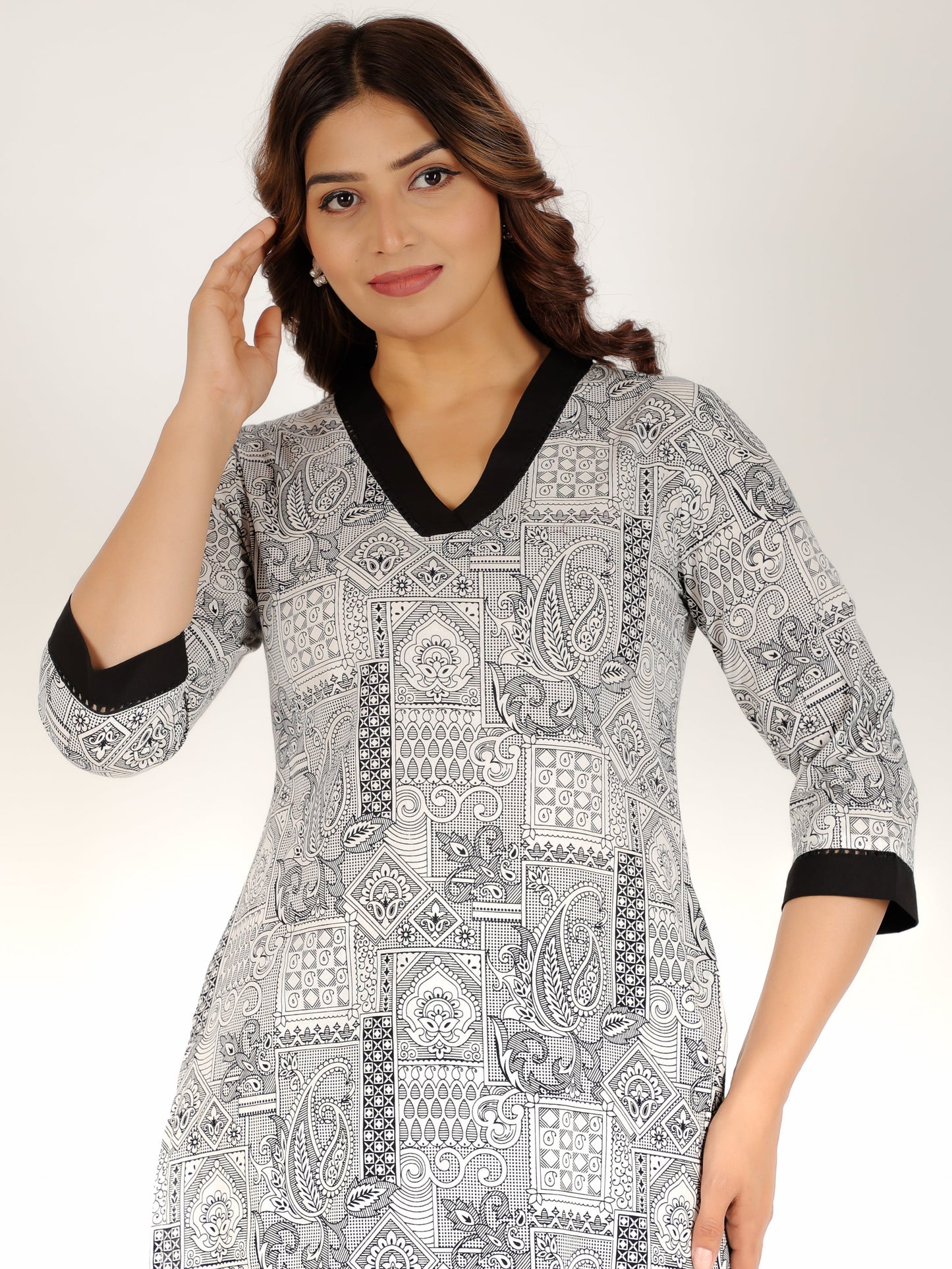 Soft Cotton Patchwork Straight Black Kurta