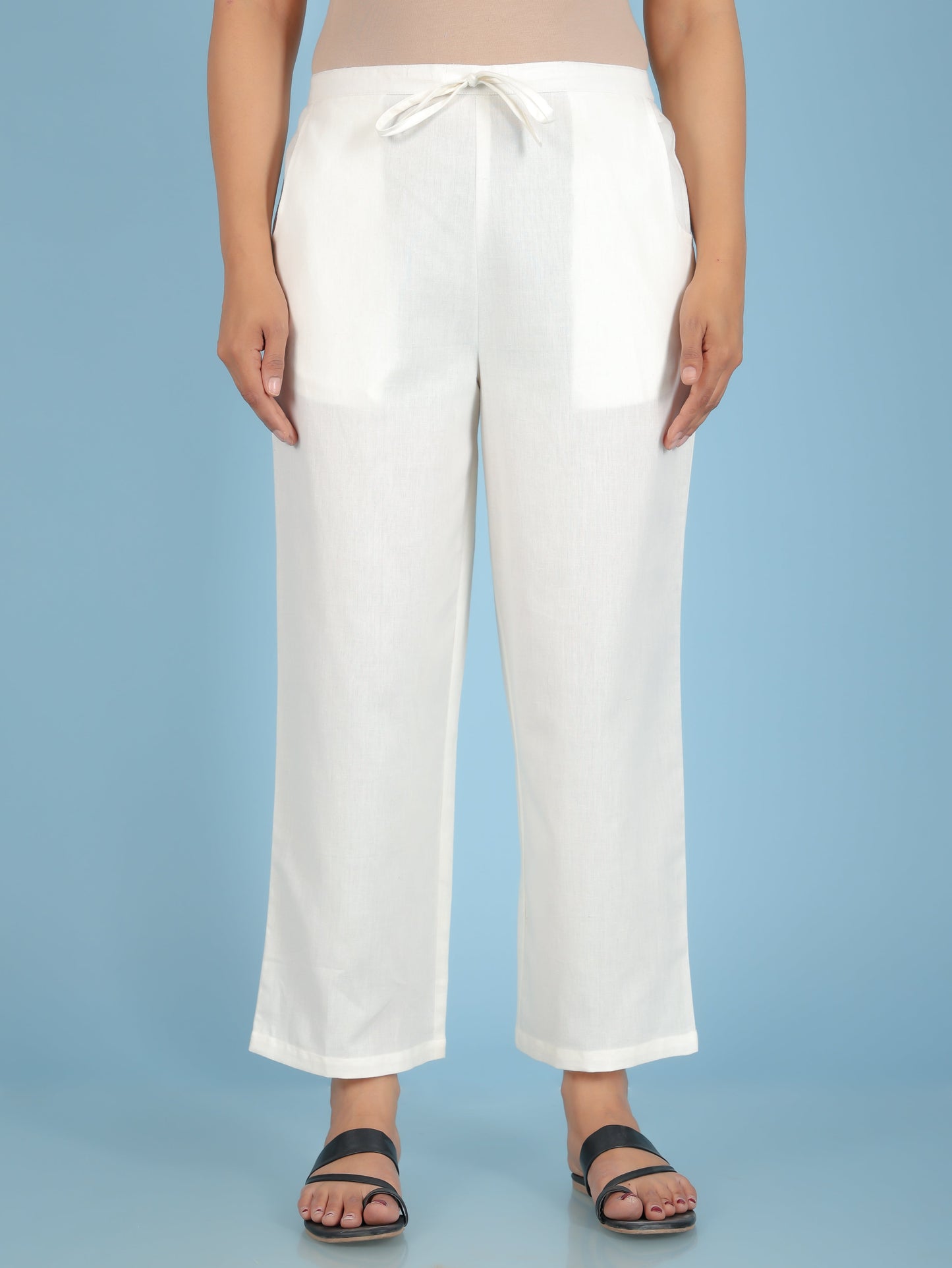 Linen Cotton Solid Off White Straight Trousers