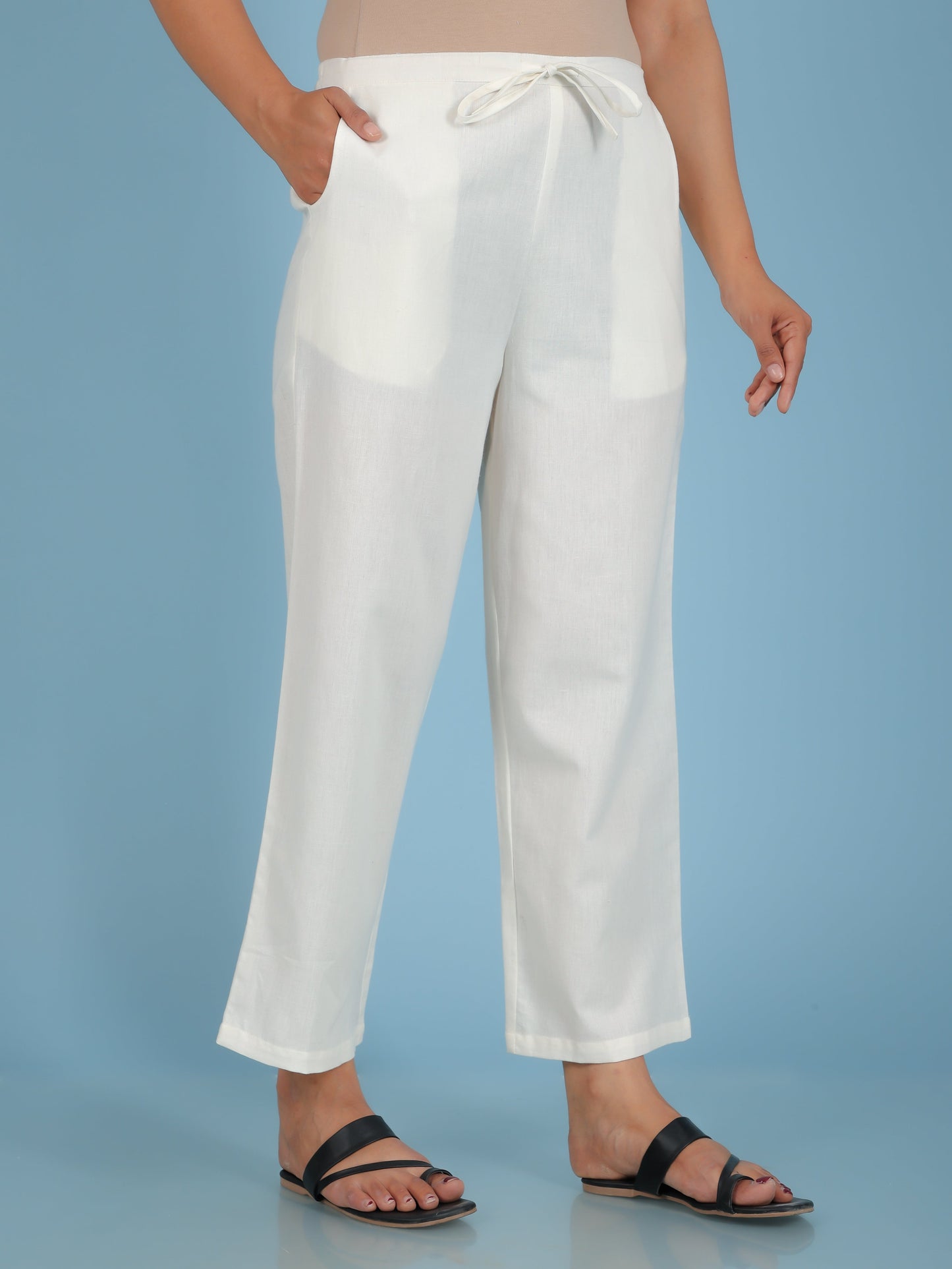 Linen Cotton Solid Off White Straight Trousers