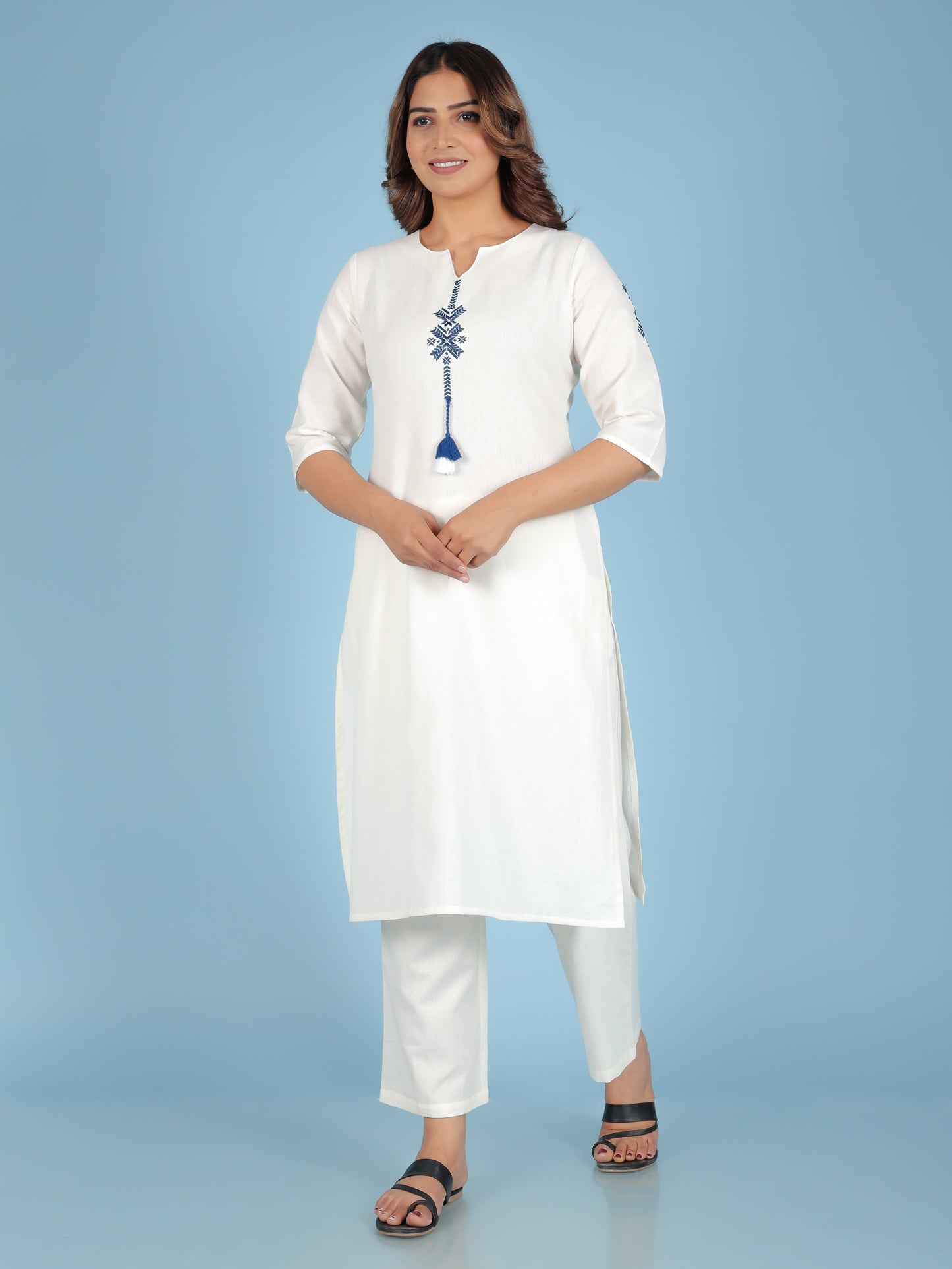 Embroidered Linen Cotton Solid Straight Off White Kurta