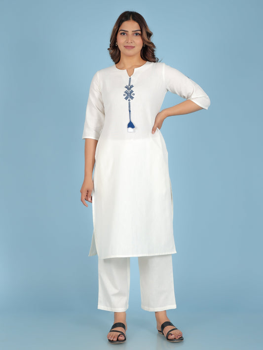 Embroidered Linen Cotton Solid Straight Off White Kurta