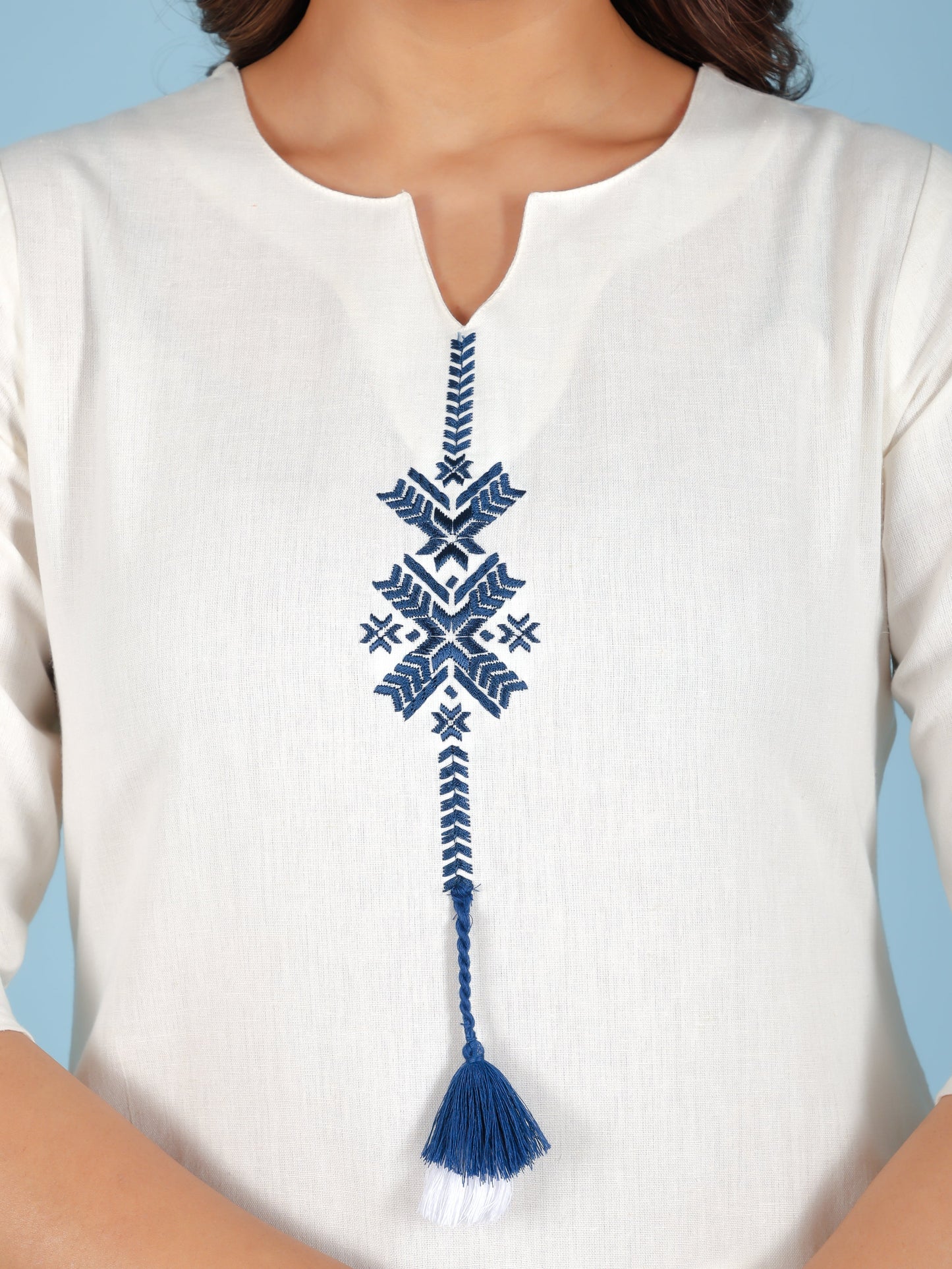 Embroidered Linen Cotton Solid Straight Off White Kurta