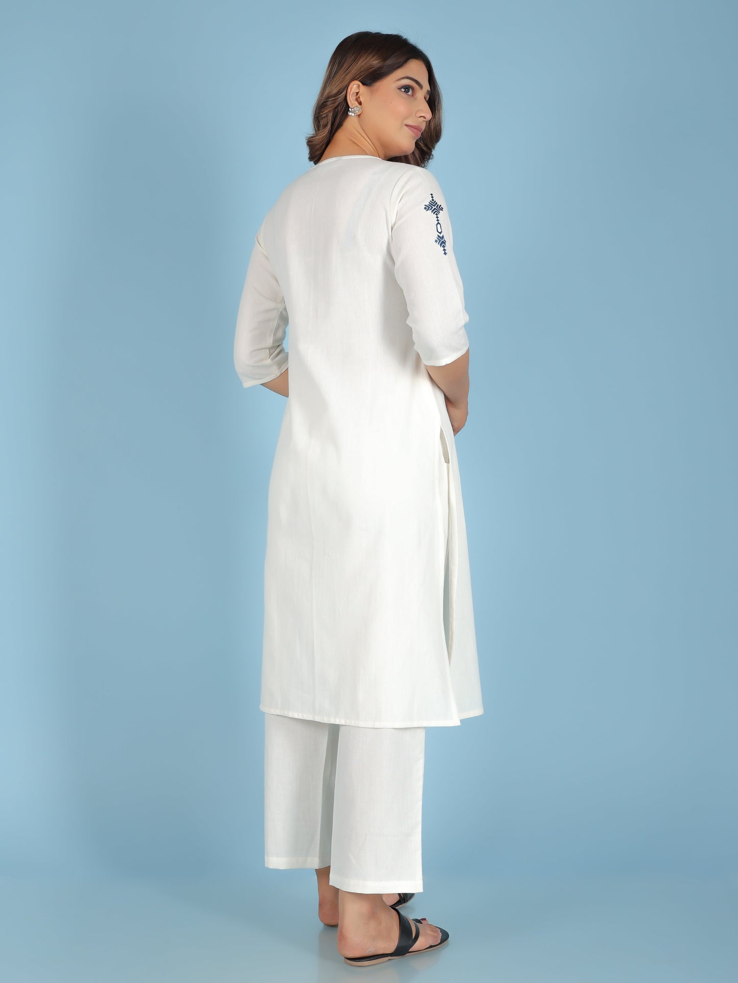 Embroidered Linen Cotton Solid Straight Off White Kurta