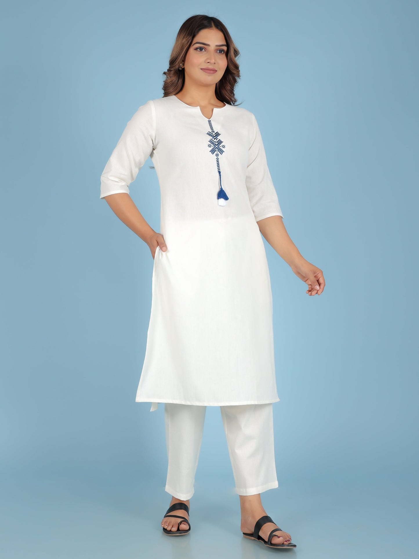 Embroidered Linen Cotton Solid Straight Off White Kurta