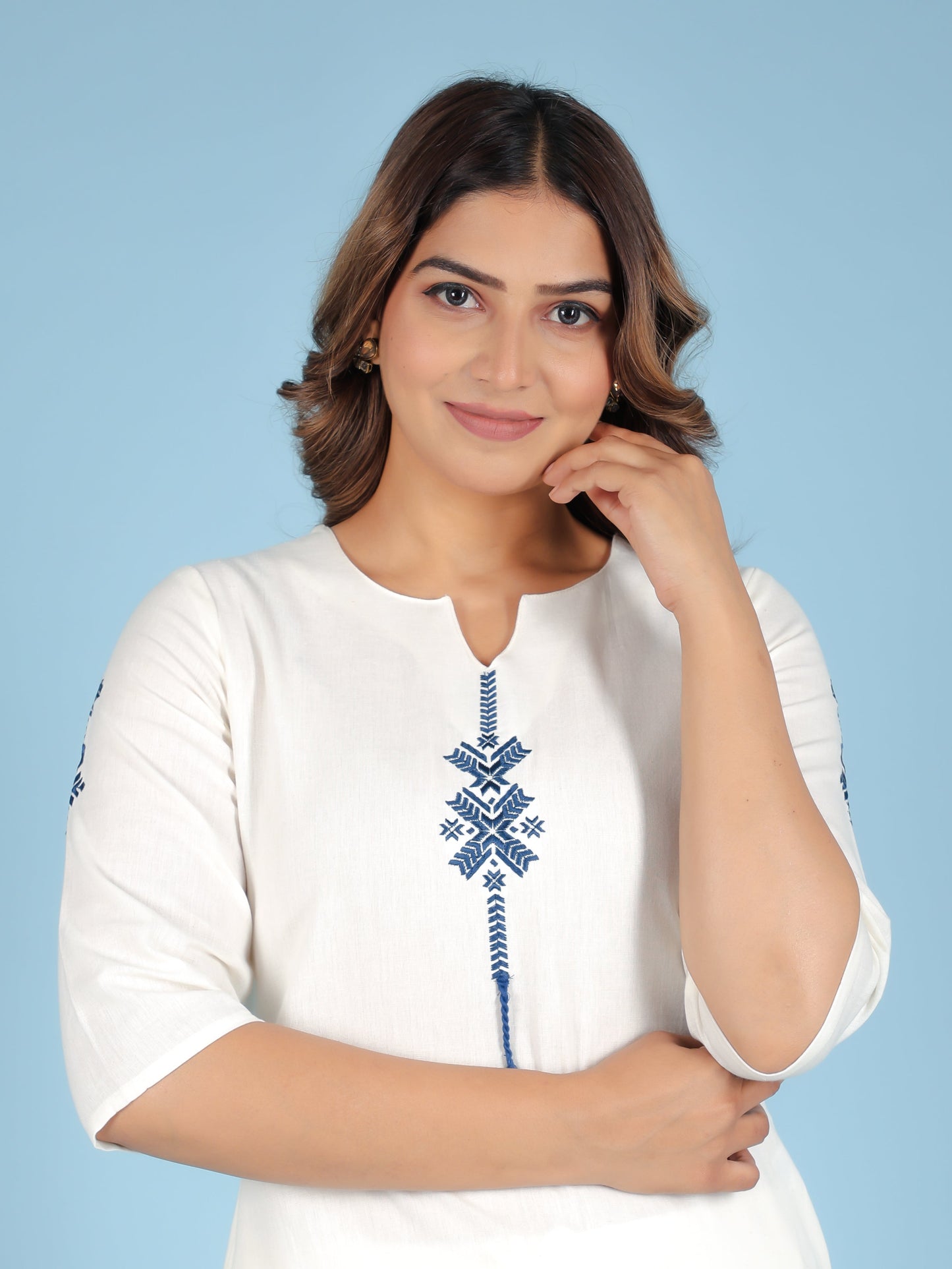 Embroidered Linen Cotton Solid Straight Off White Kurta