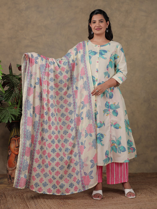 Cotton Voile Floral Off White Dupatta