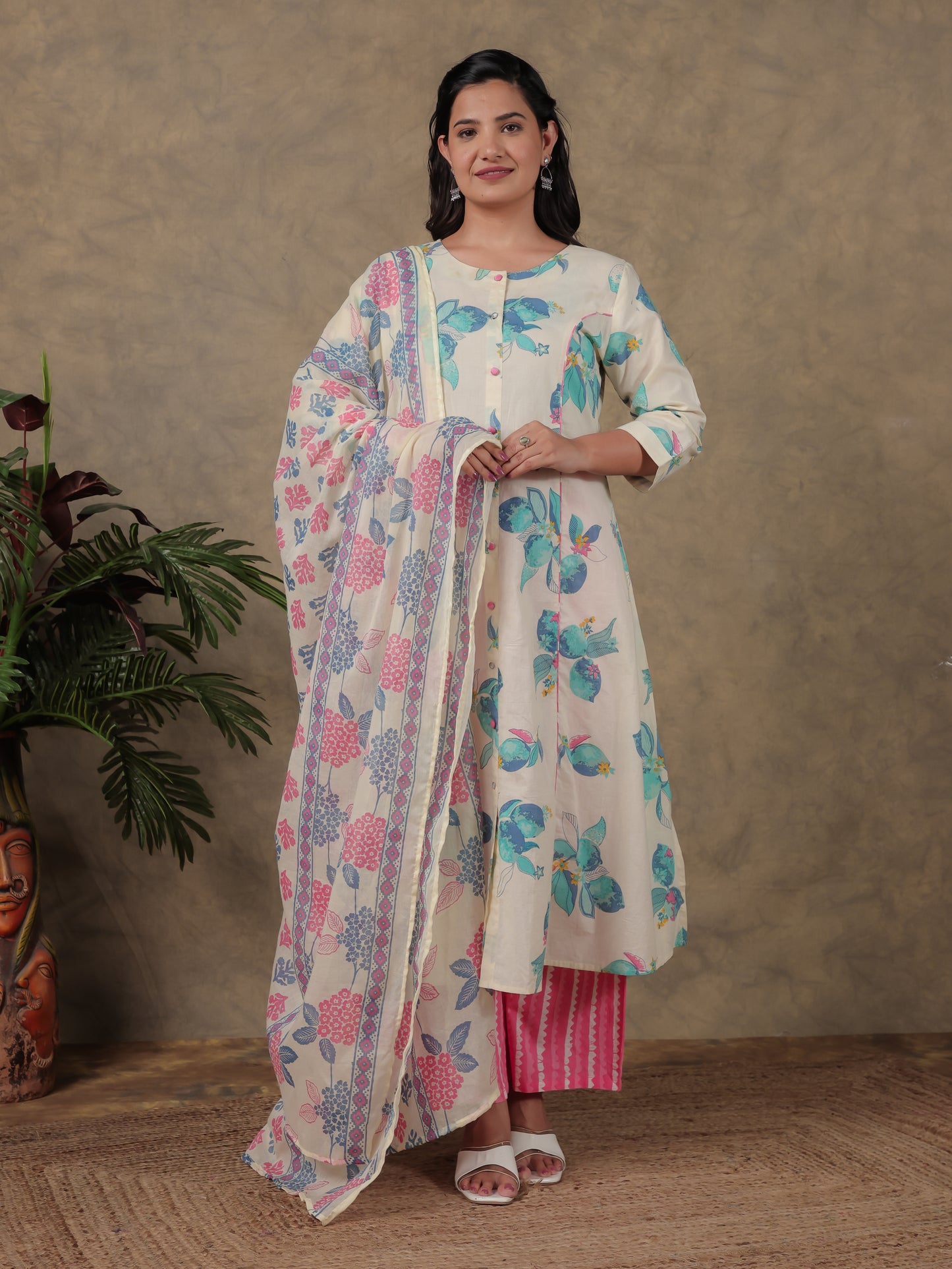 Cotton Voile Floral Off White Dupatta