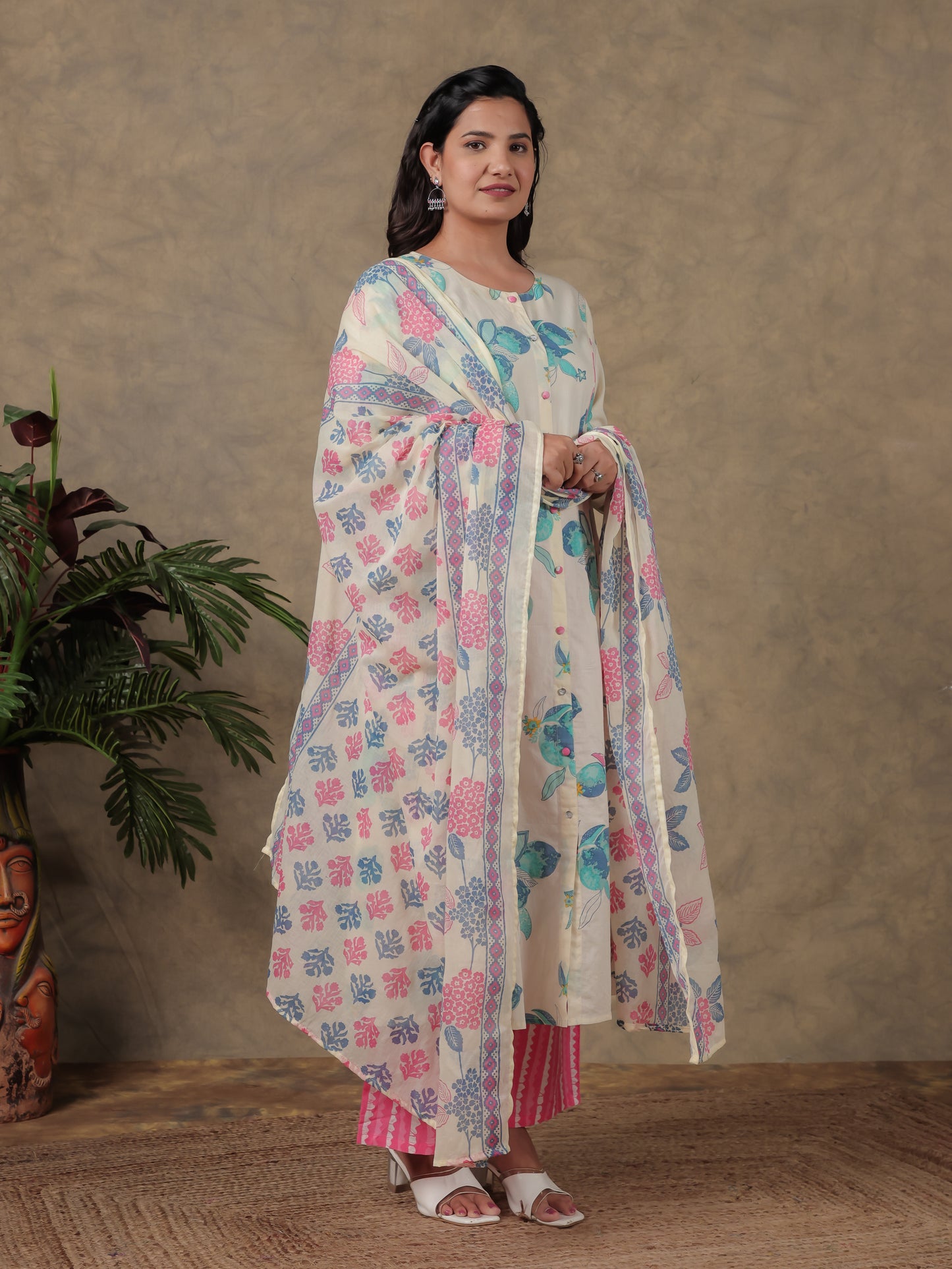 Cotton Voile Floral Off White Dupatta