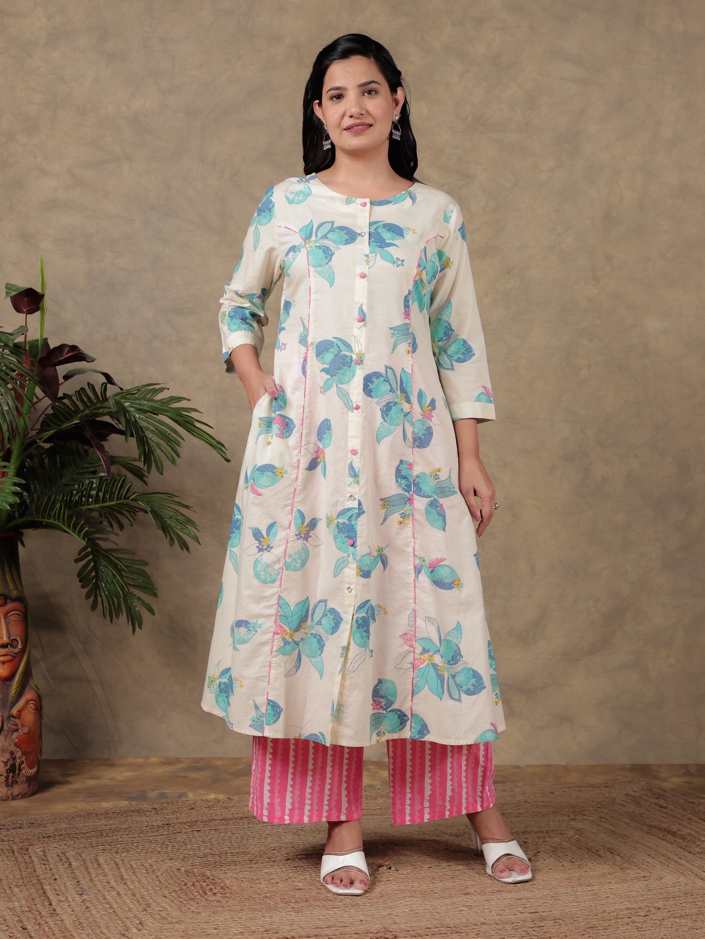 Embroidered Soft Cotton Foliage Off White Kurta