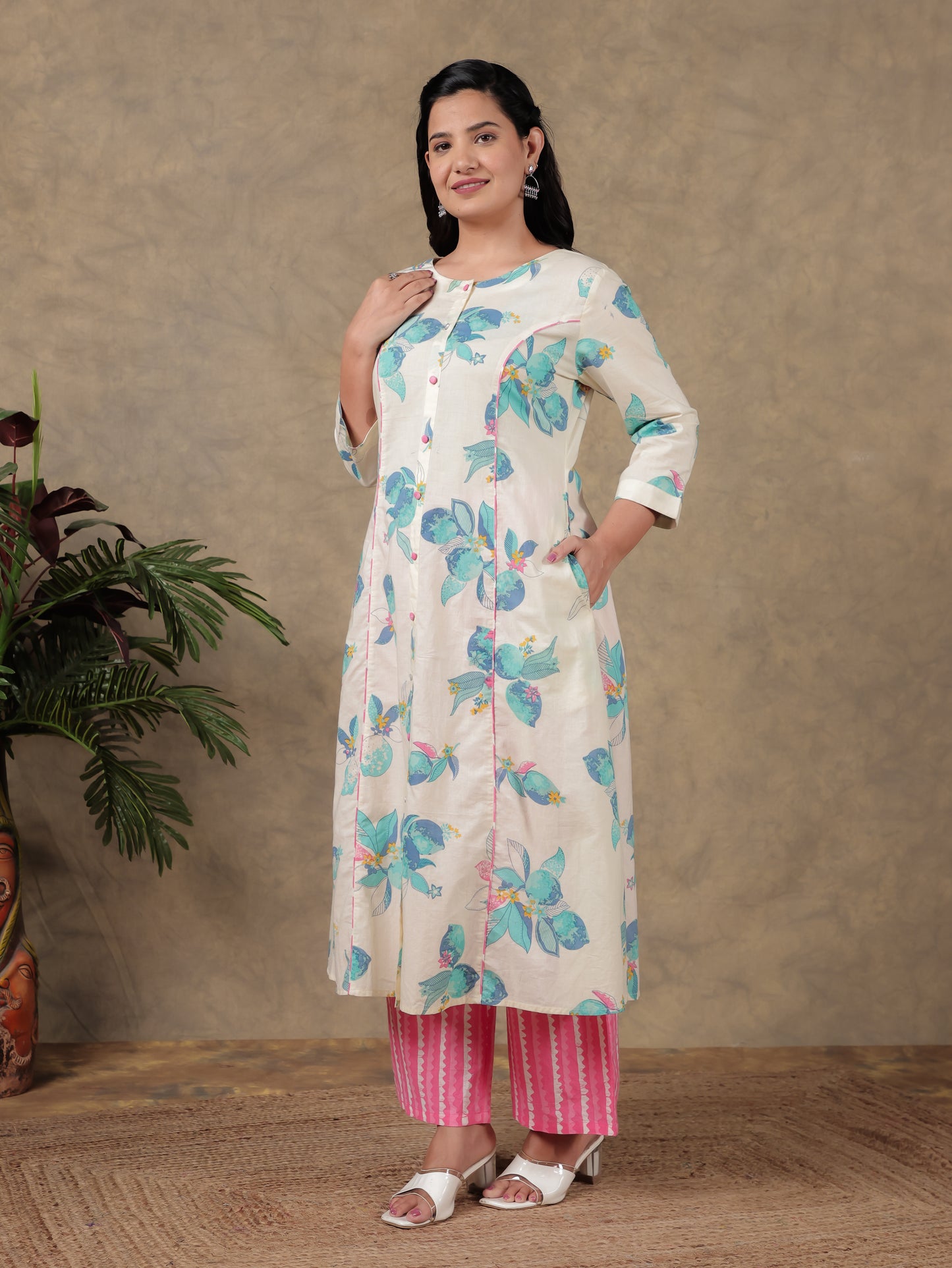 Embroidered Soft Cotton Foliage Off White Kurta