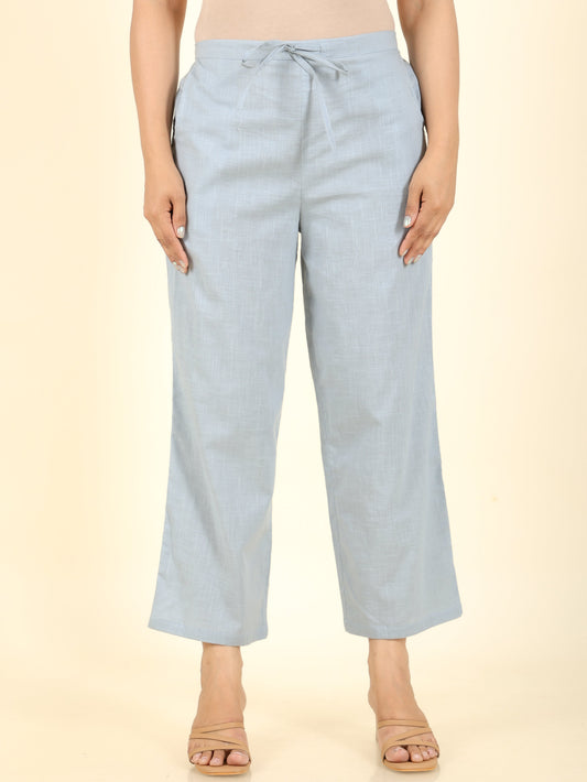 Natural Cotton Solid Grey Straight Trousers