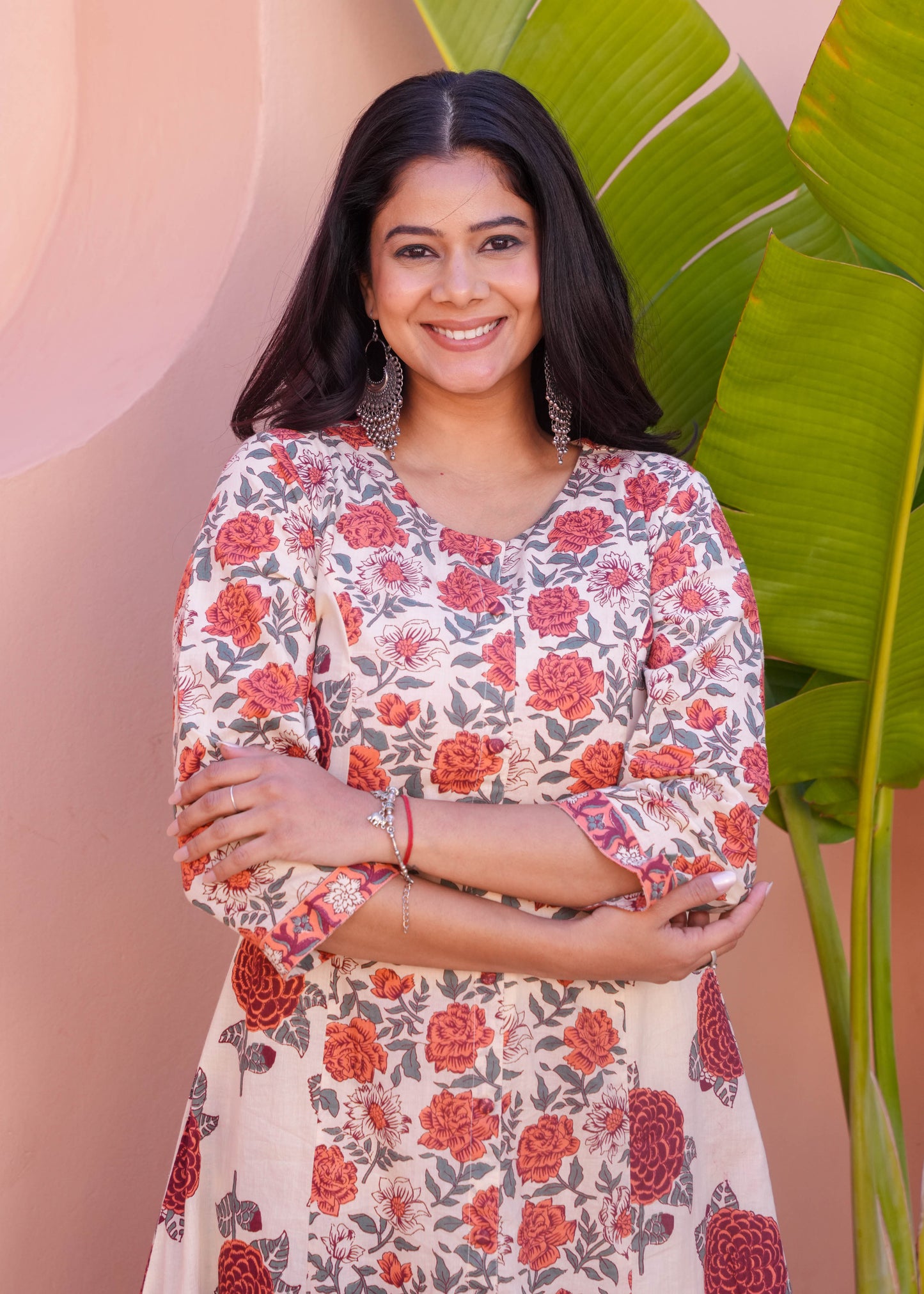 Soft Cotton Floral A-line Orange Kurta