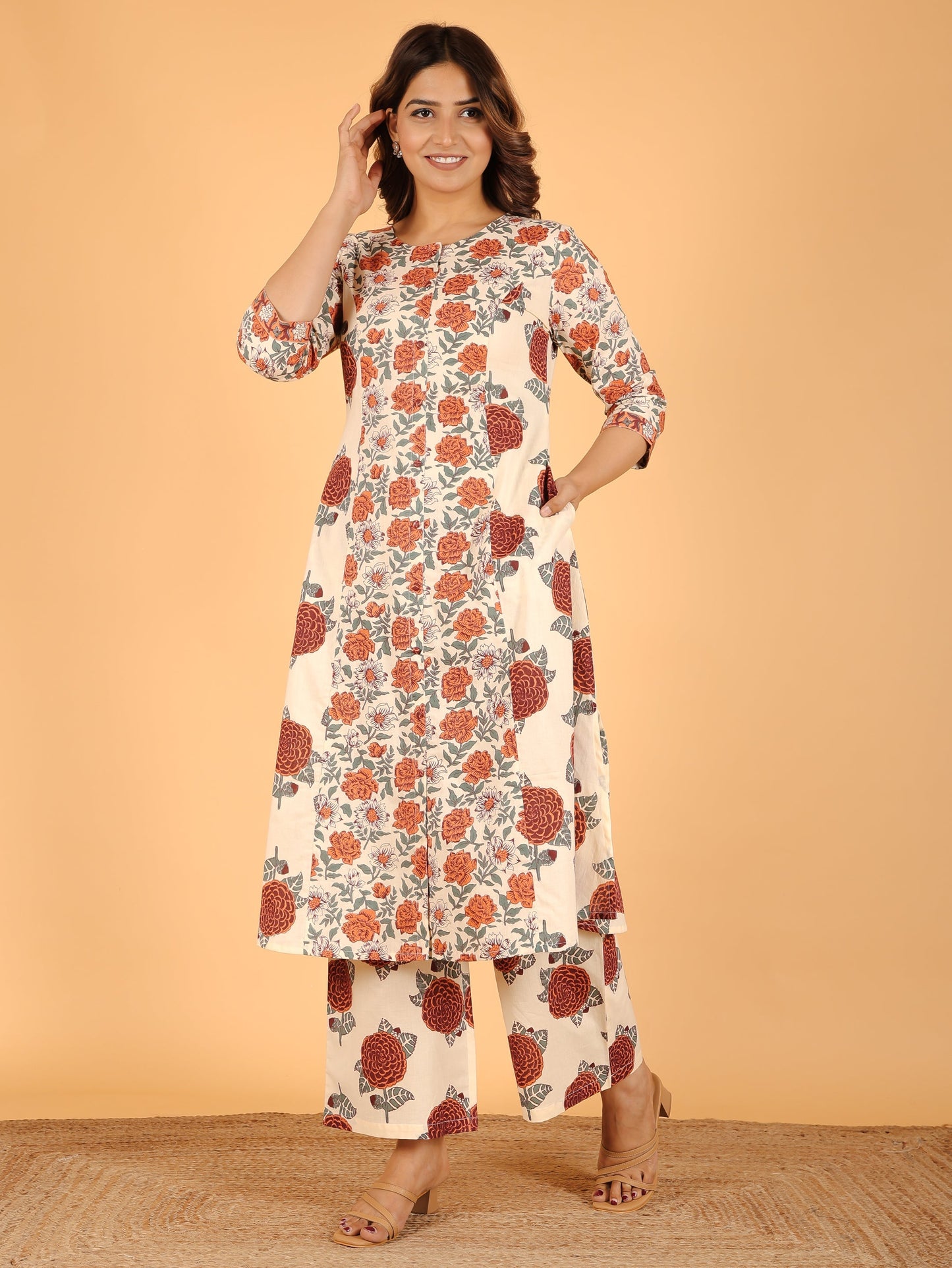 Soft Cotton Floral A-line Orange Kurta