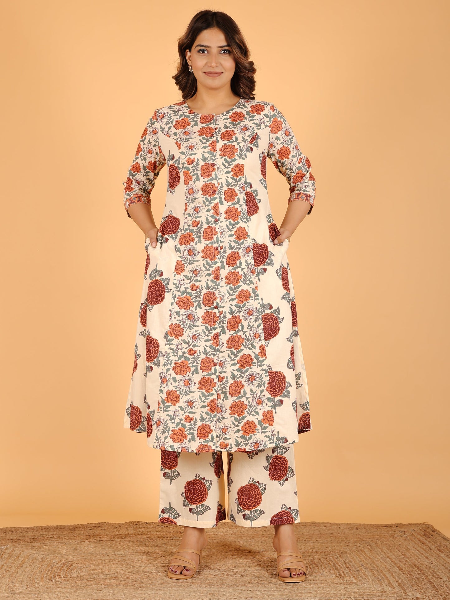 Soft Cotton Floral A-line Orange Kurta